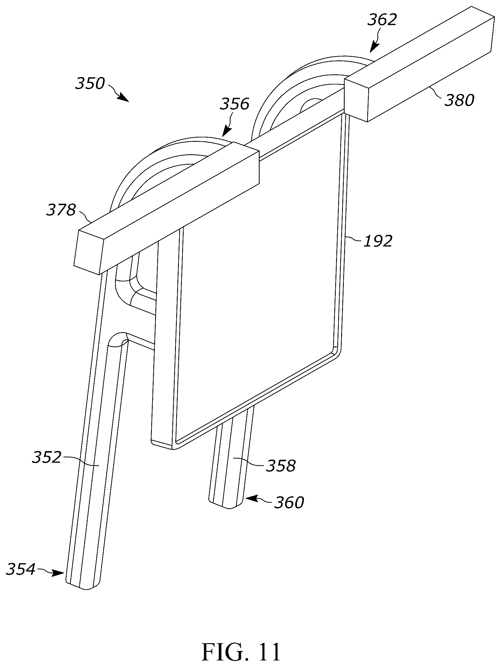 Patent US12353951 Figure 11 – Bioptic indicia reader assembly with an accessory structure having a crossbar over the bioptic indicia reader