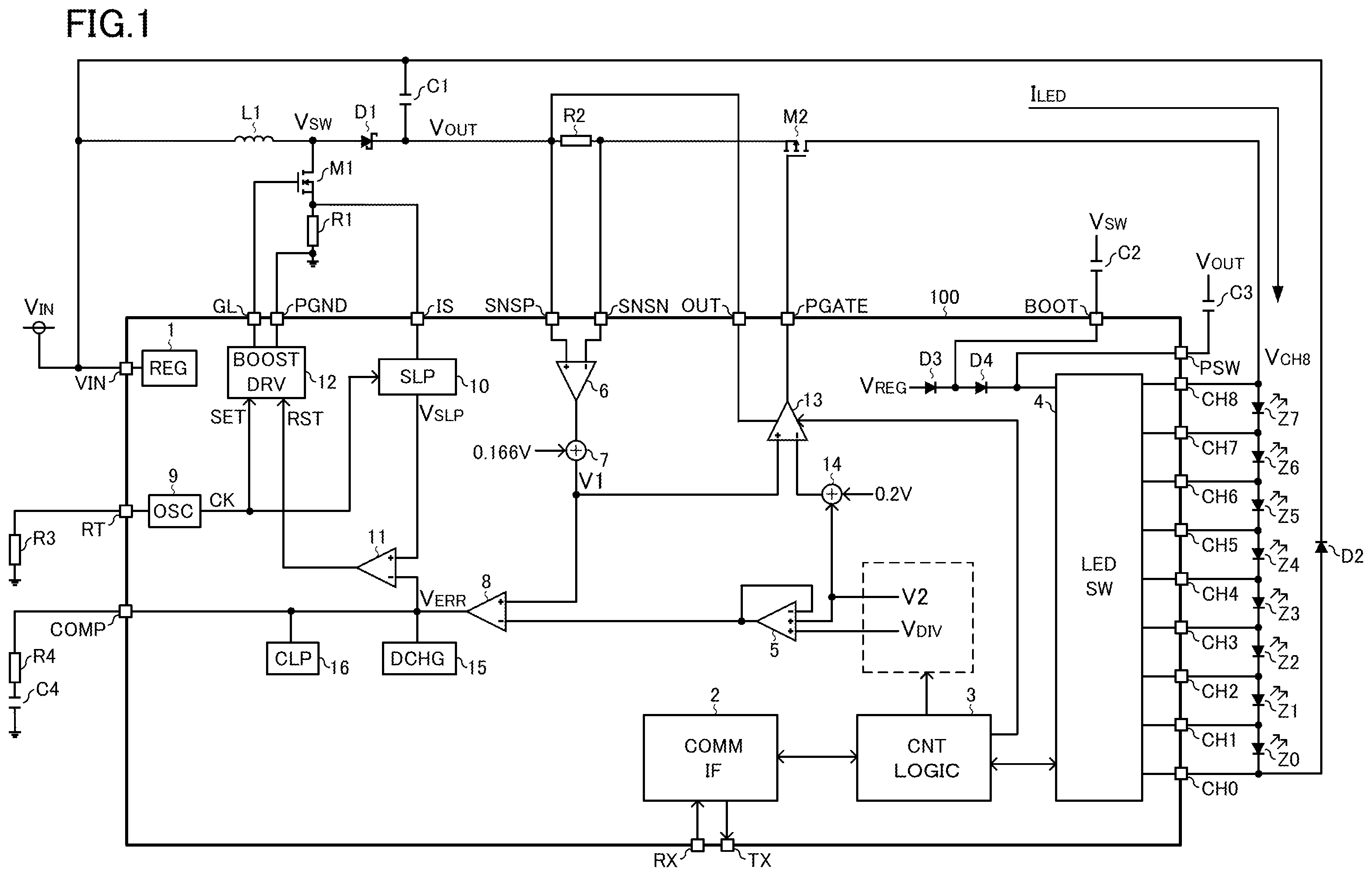Patent US12356525 Figure 1 – Semiconductor integrated circuit for driving light emitting element, light emitting element driving device, light emitting device, and vehicle