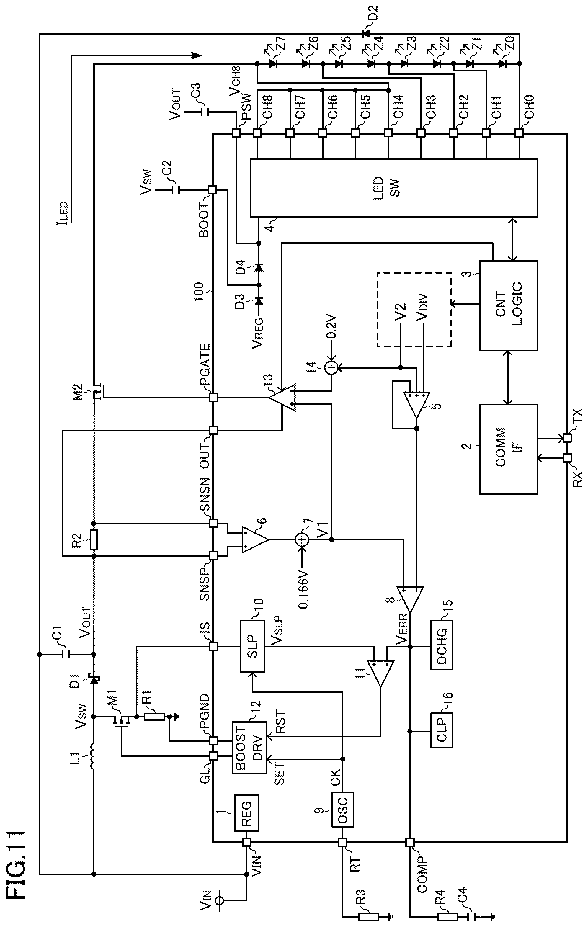 Patent US12356525 Figure 8 – Semiconductor integrated circuit for driving light emitting element, light emitting element driving device, light emitting device, and vehicle