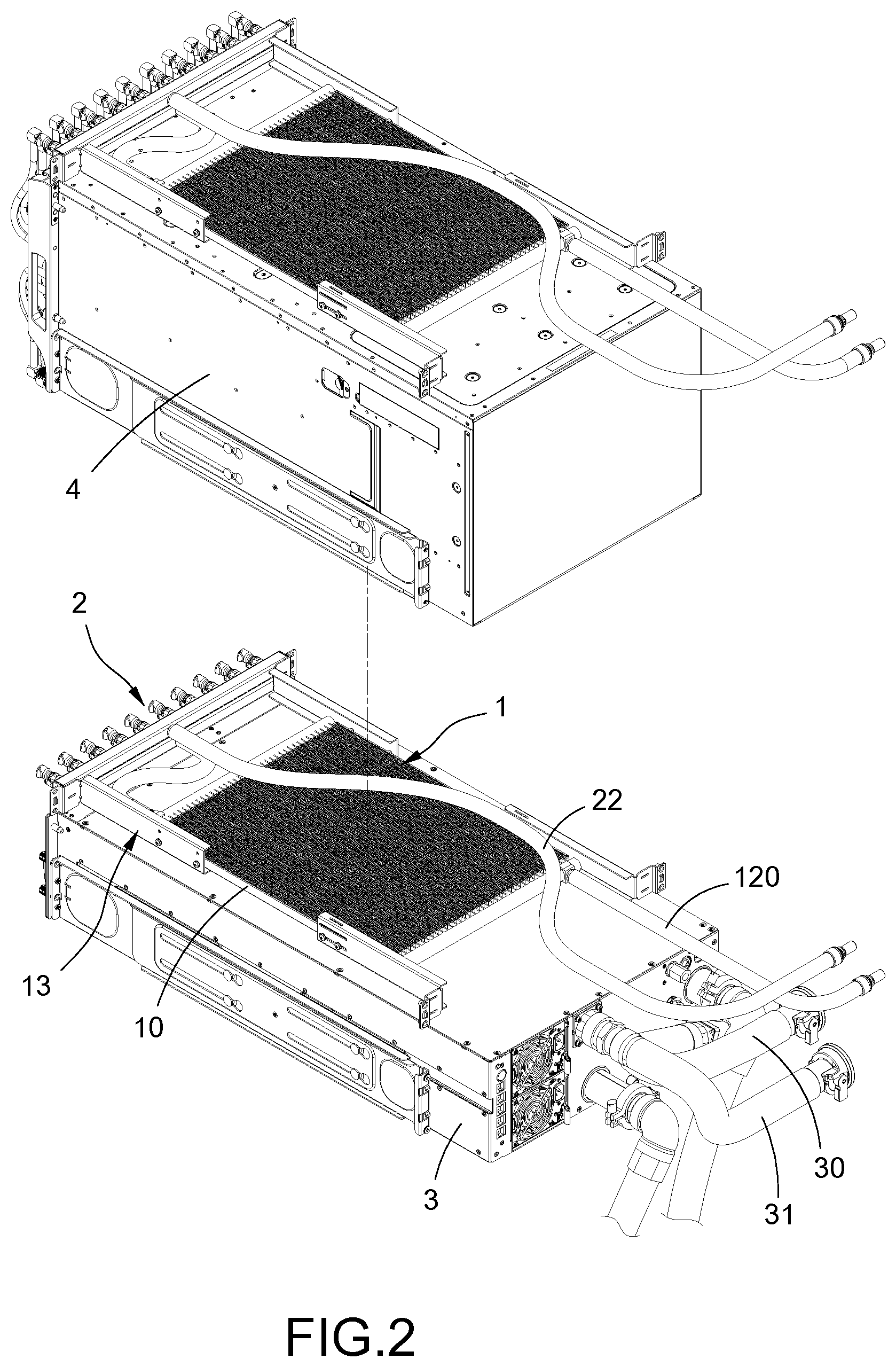 Patent US12356589 Figure 2 – Pre-cooling device integrated liquid cooling distributor and its server liquid cooling system