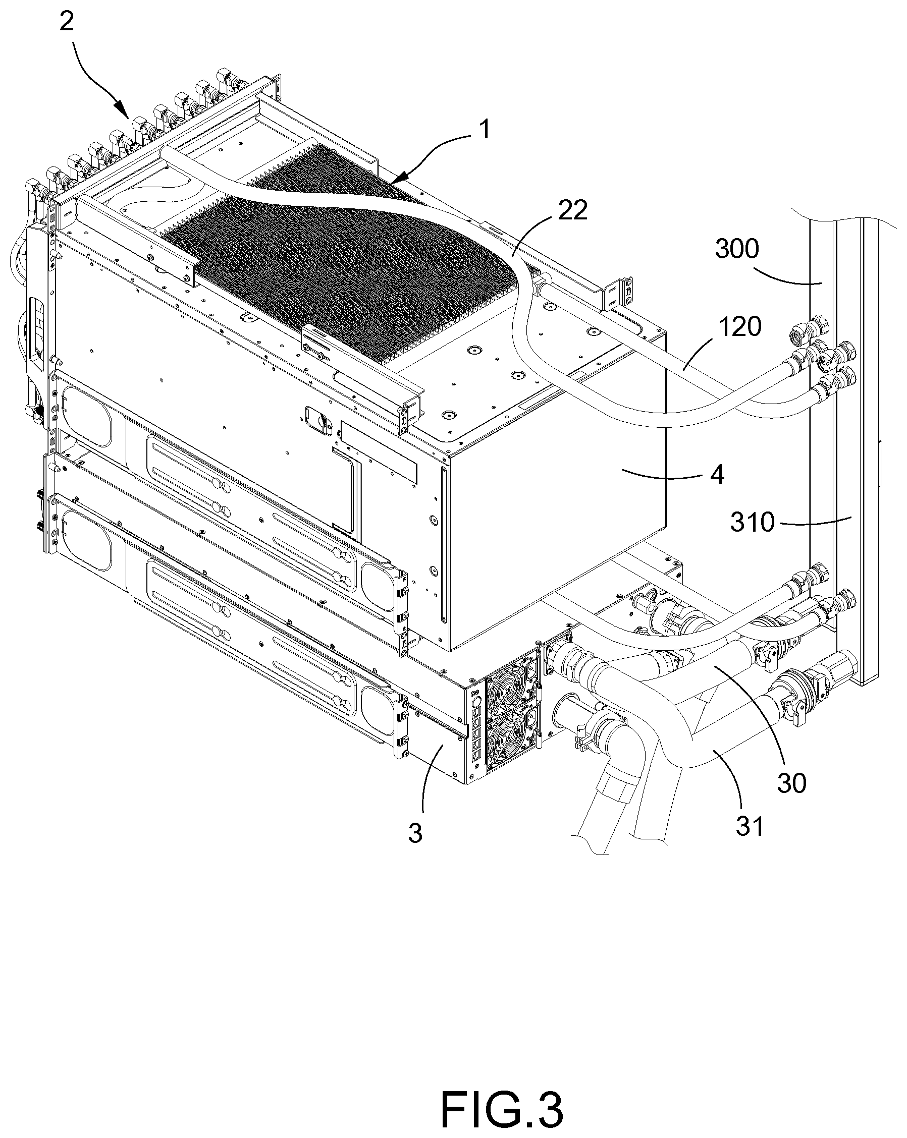 Patent US12356589 Figure 3 – Pre-cooling device integrated liquid cooling distributor and its server liquid cooling system