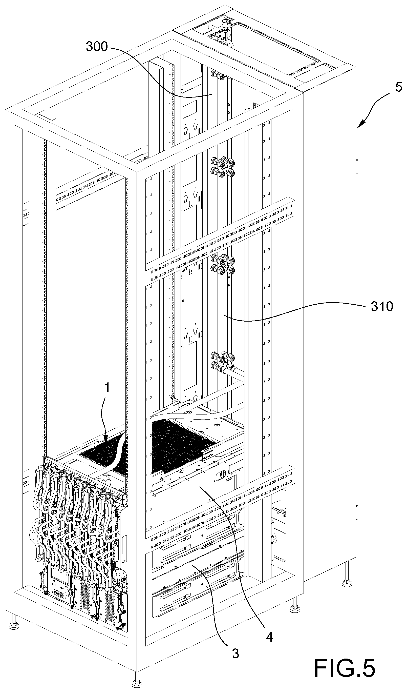 Patent US12356589 Figure 5 – Pre-cooling device integrated liquid cooling distributor and its server liquid cooling system
