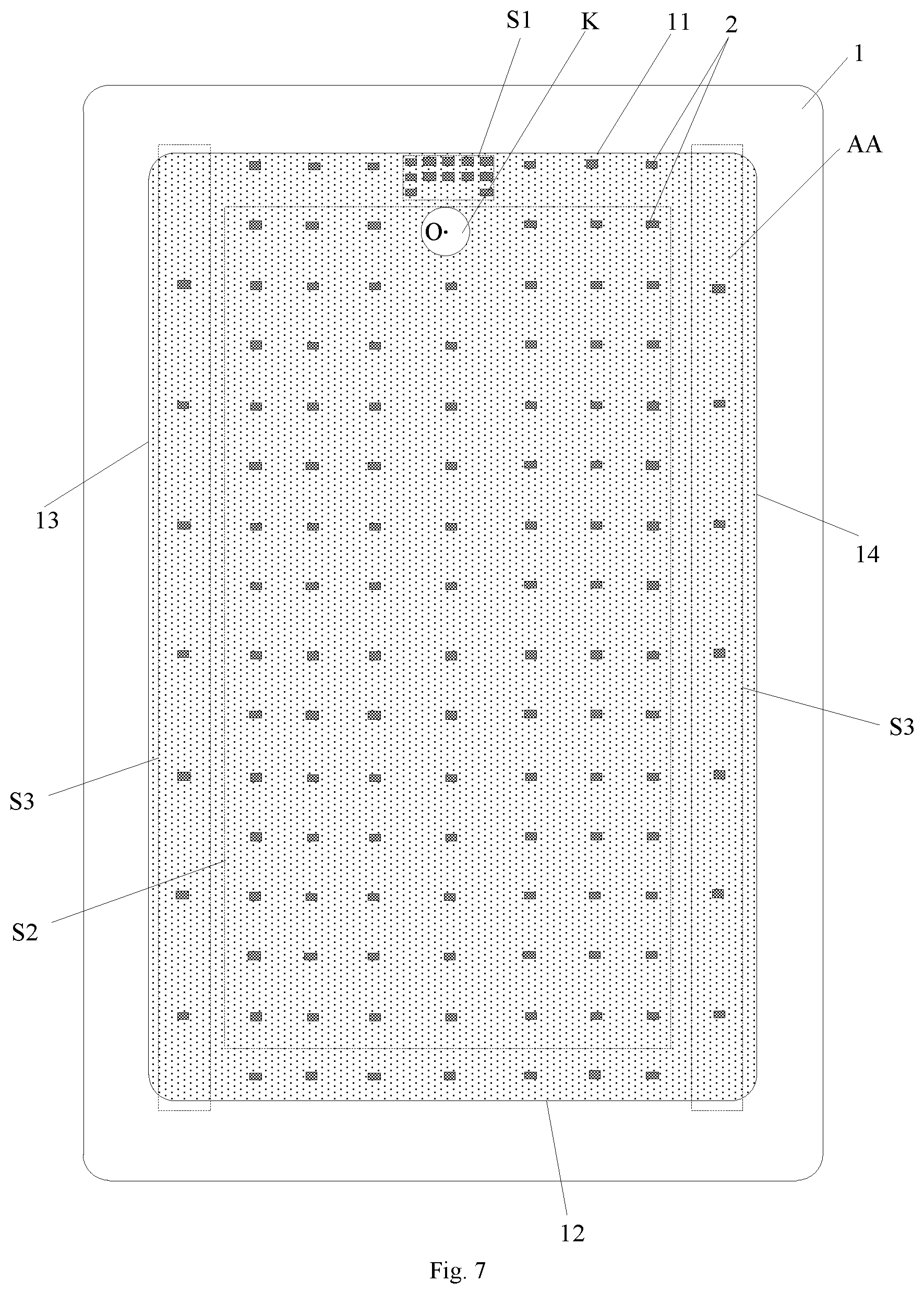 Patent US12356835 Figure 7 – Display panel with a through hole and display regions having different distribution densities of spacers, and display apparatus