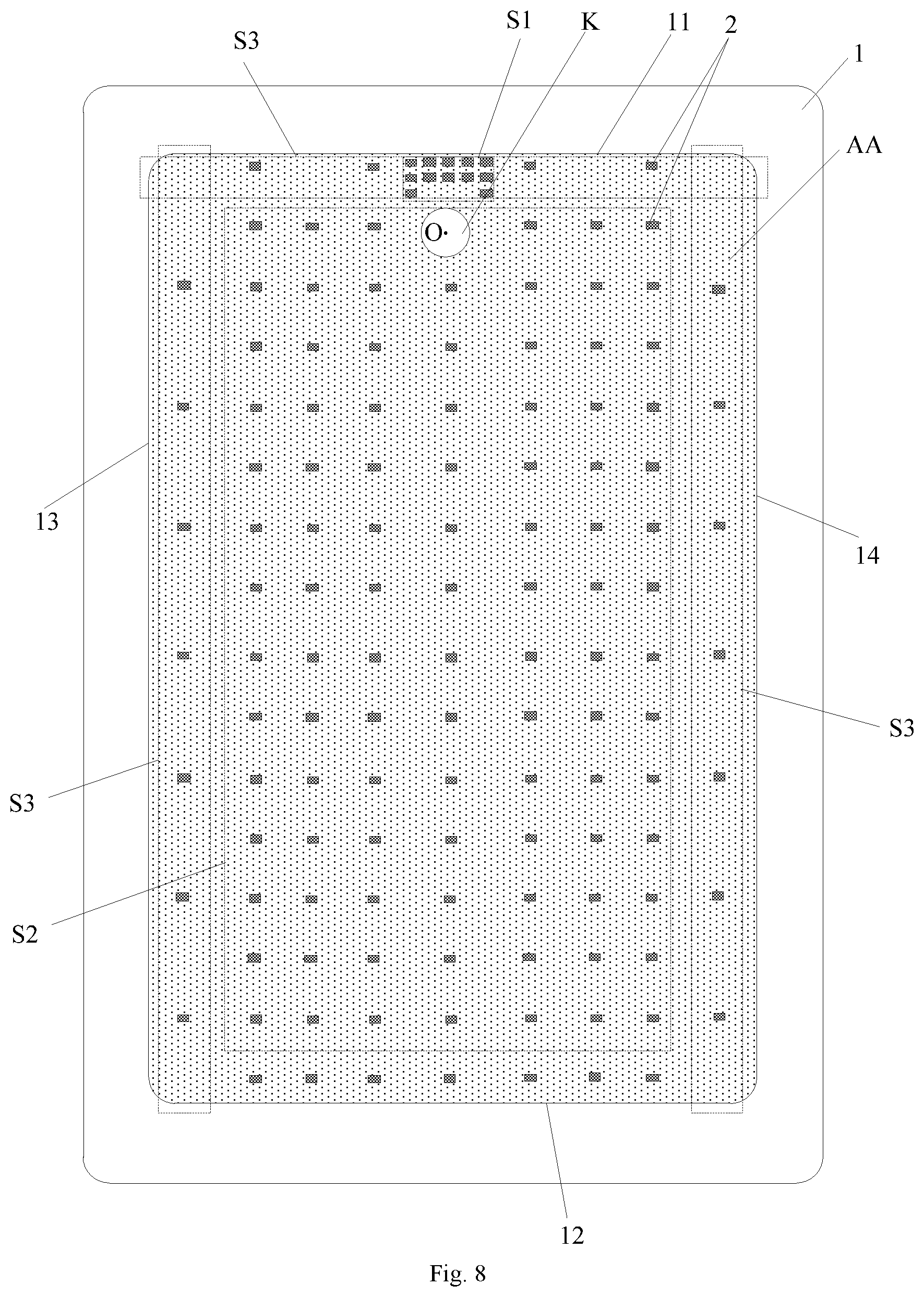 Patent US12356835 Figure 8 – Display panel with a through hole and display regions having different distribution densities of spacers, and display apparatus