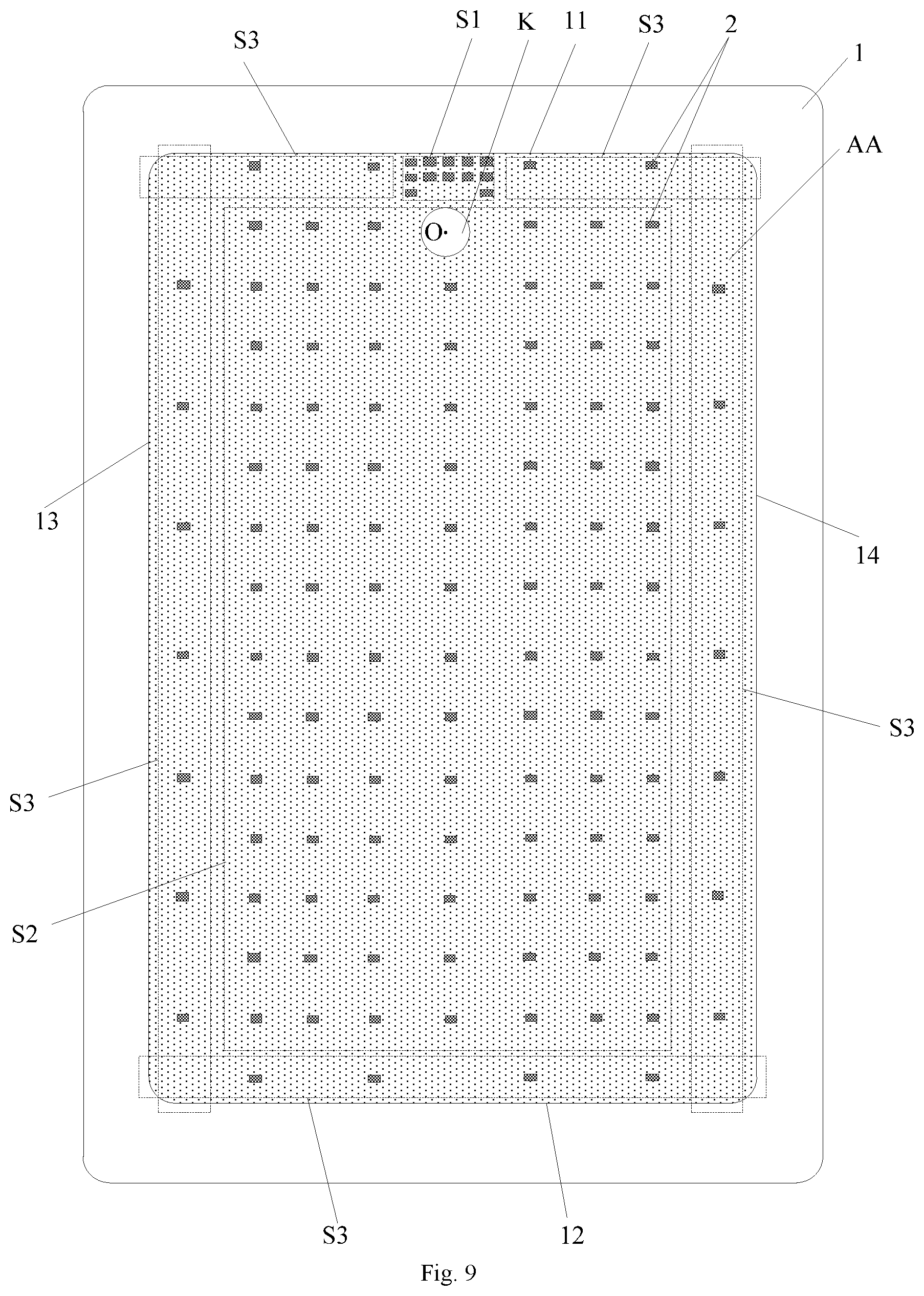 Patent US12356835 Figure 9 – Display panel with a through hole and display regions having different distribution densities of spacers, and display apparatus
