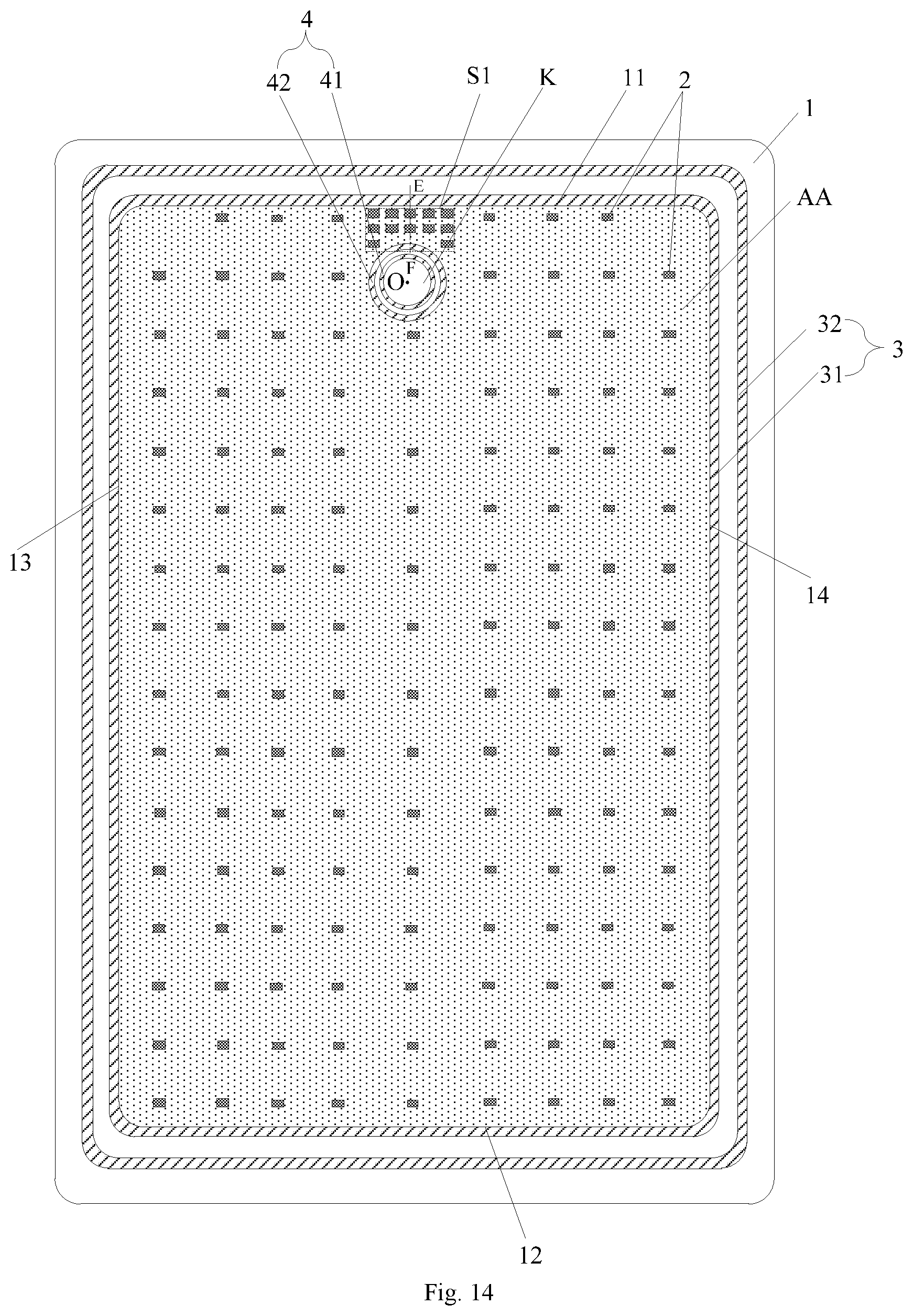Patent US12356835 Figure 14 – Display panel with a through hole and display regions having different distribution densities of spacers, and display apparatus