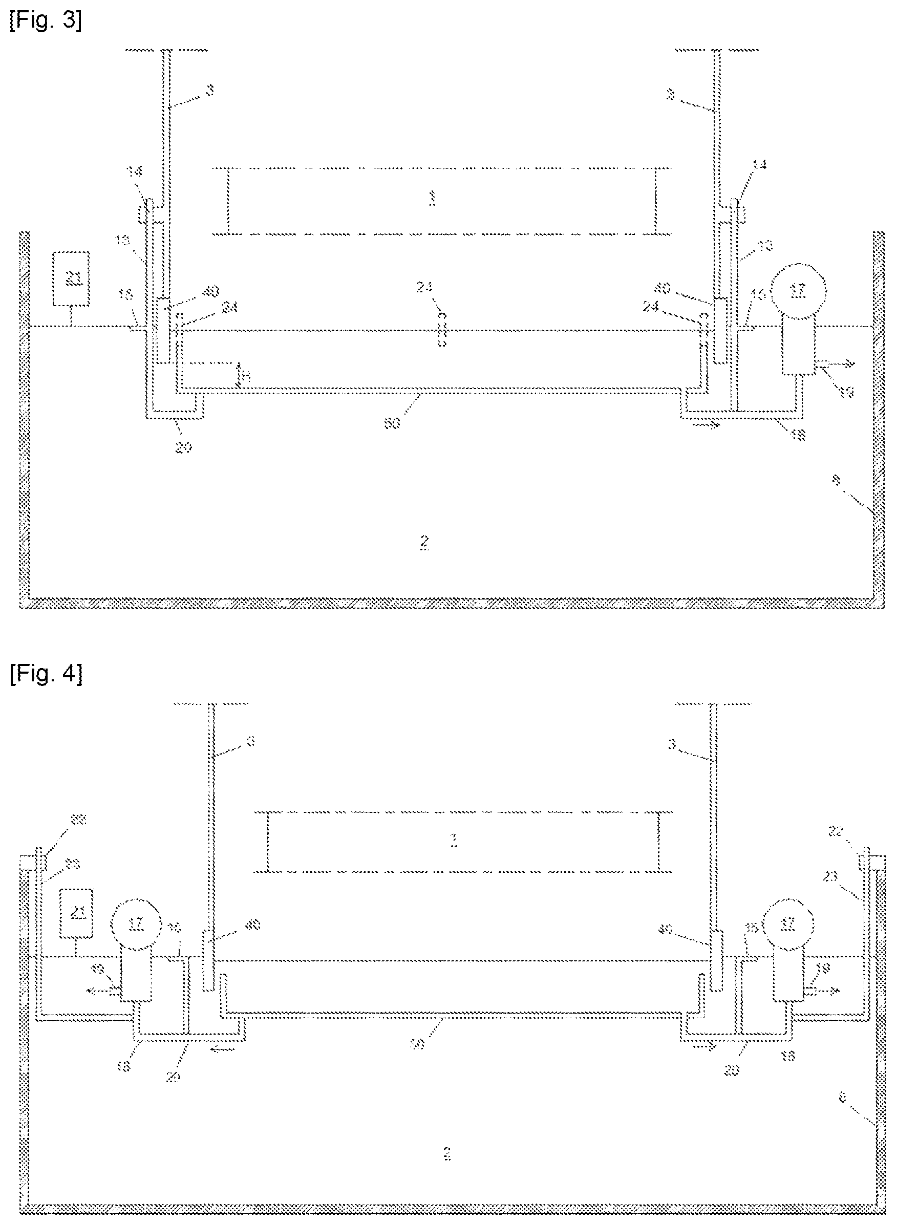 Patent US12359296 Figure 3 – Device for removing mattes from the surface of a liquid metal bath inside a duct of a line for continuously coating a metal strip