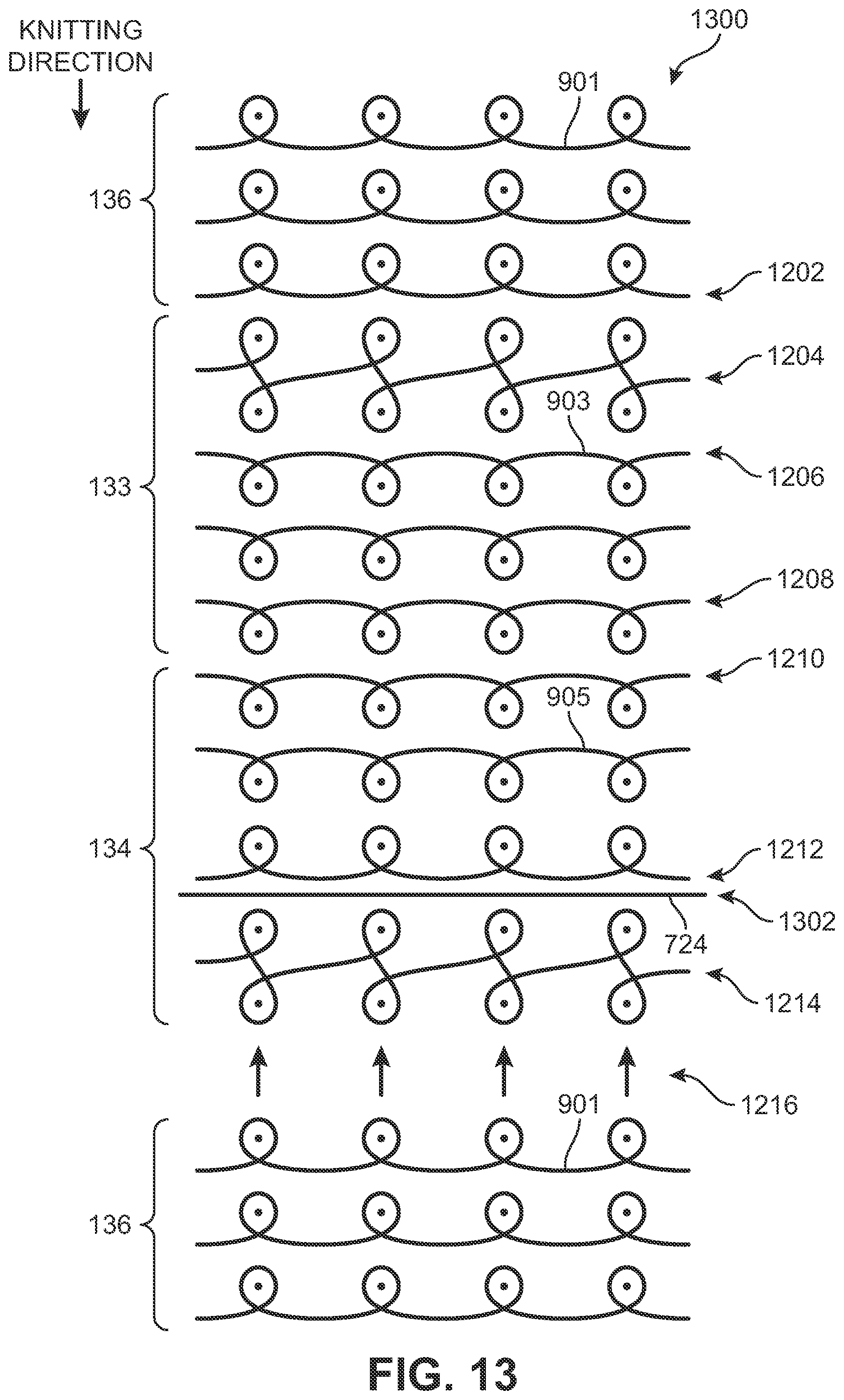 Patent US12359352 Figure 13 – Knitted components exhibiting color shifting effects