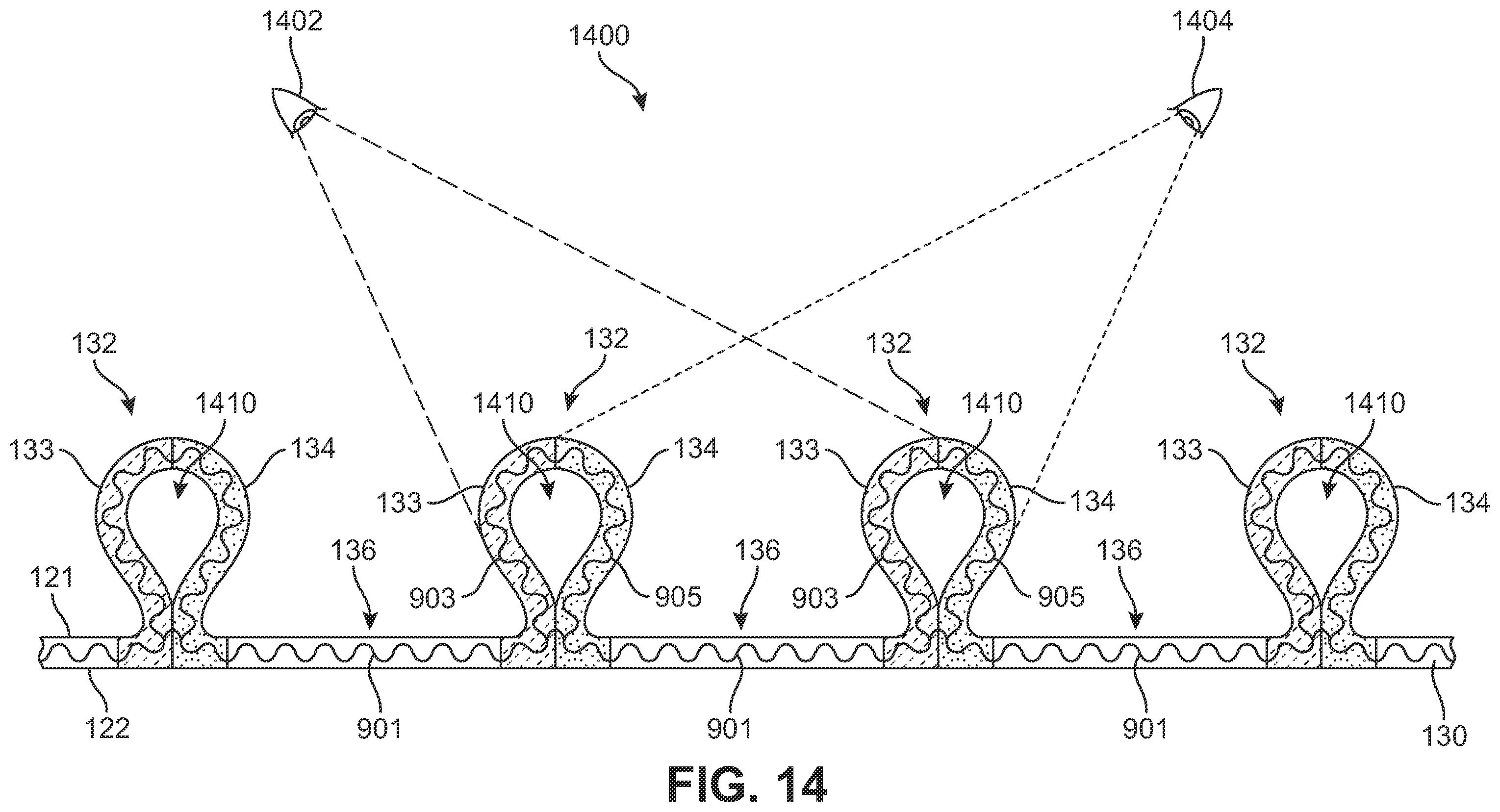 Patent US12359352 Figure 14 – Knitted components exhibiting color shifting effects
