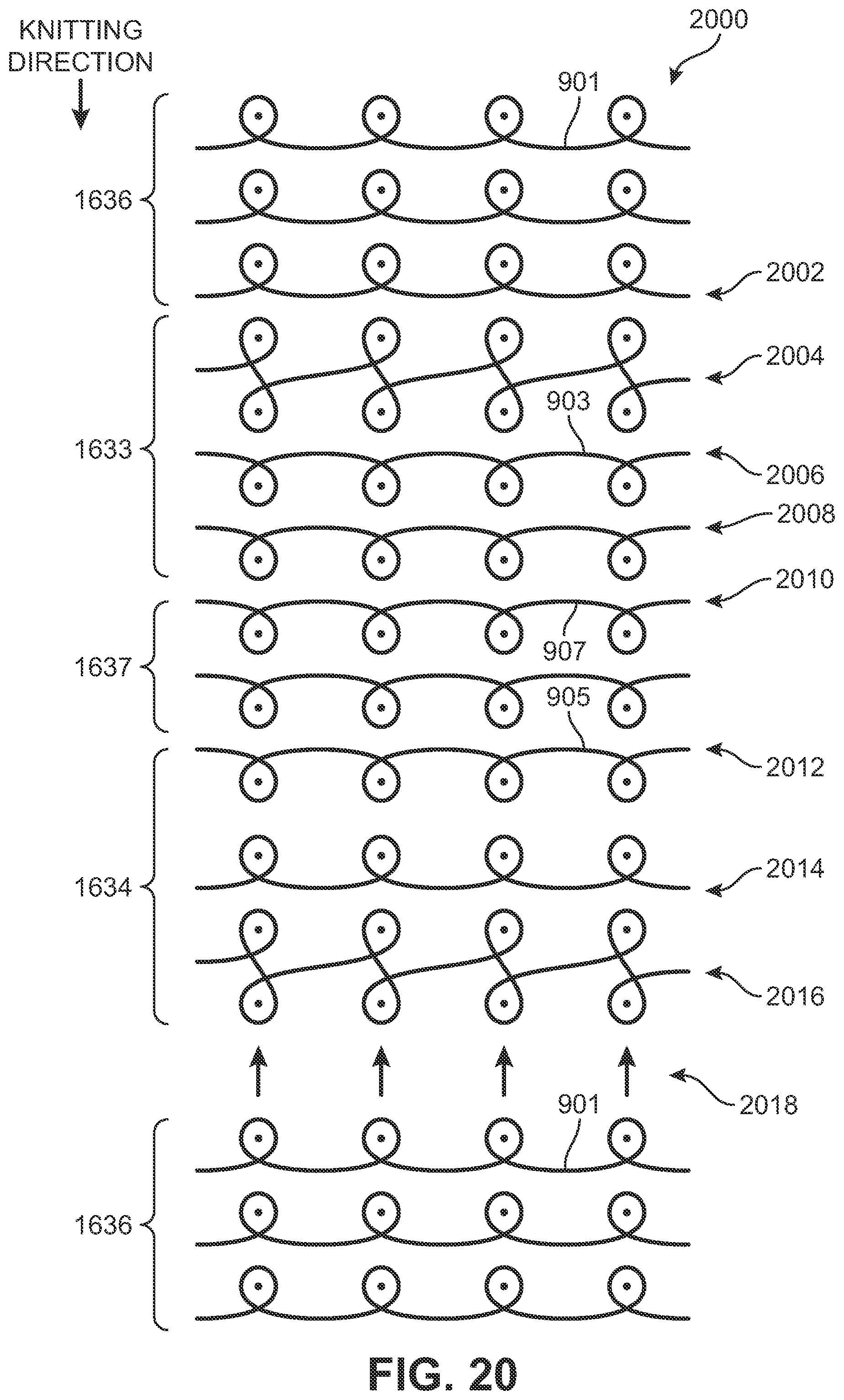 Patent US12359352 Figure 20 – Knitted components exhibiting color shifting effects