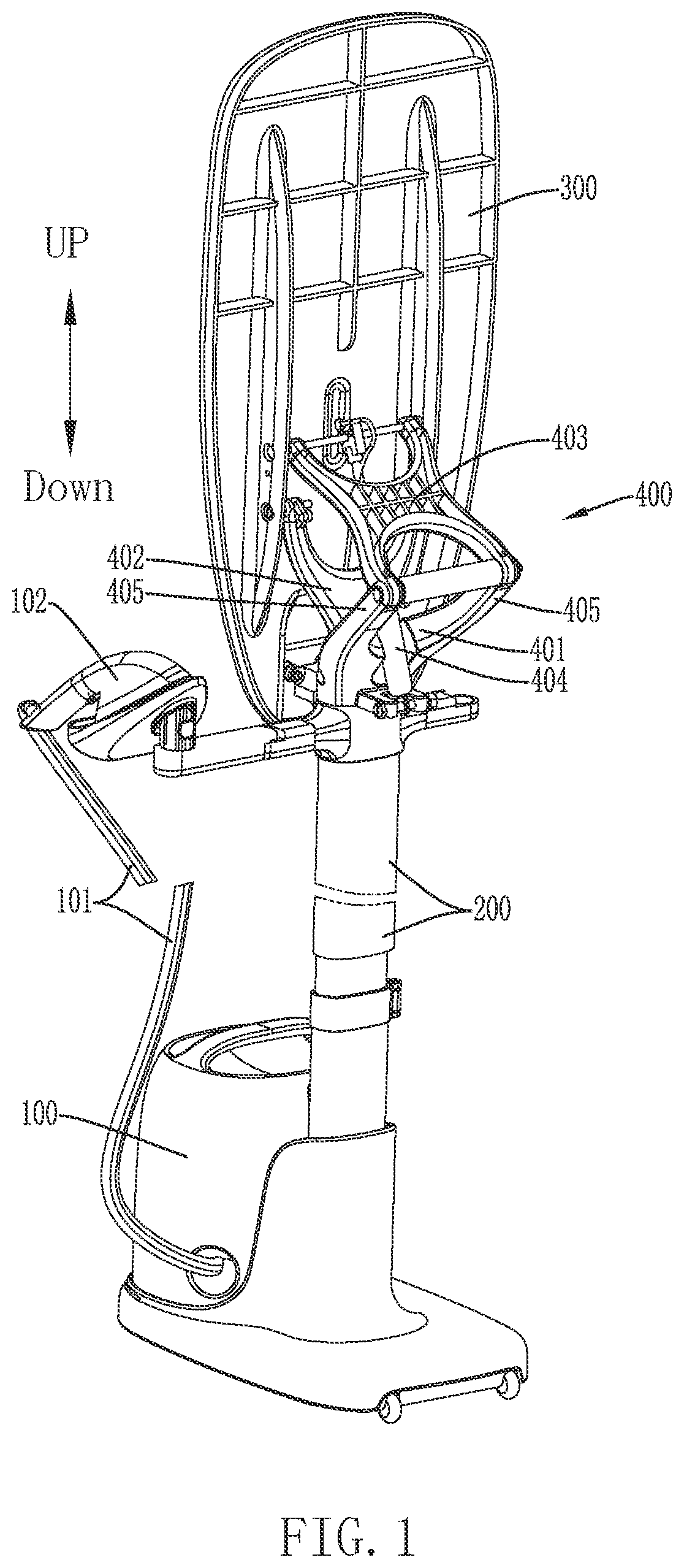 Patent US12359366 Figure 1 – Garment steamer with inclination-angle-adjustable ironing board