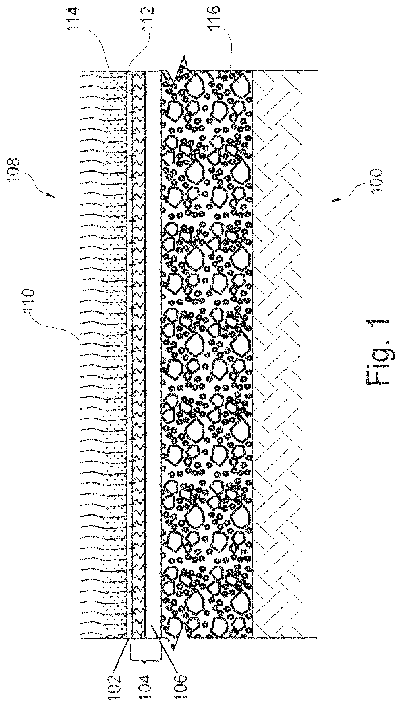 Patent US12359379 Figure 1 – Artificial turf system including a geogrid and an existing turf