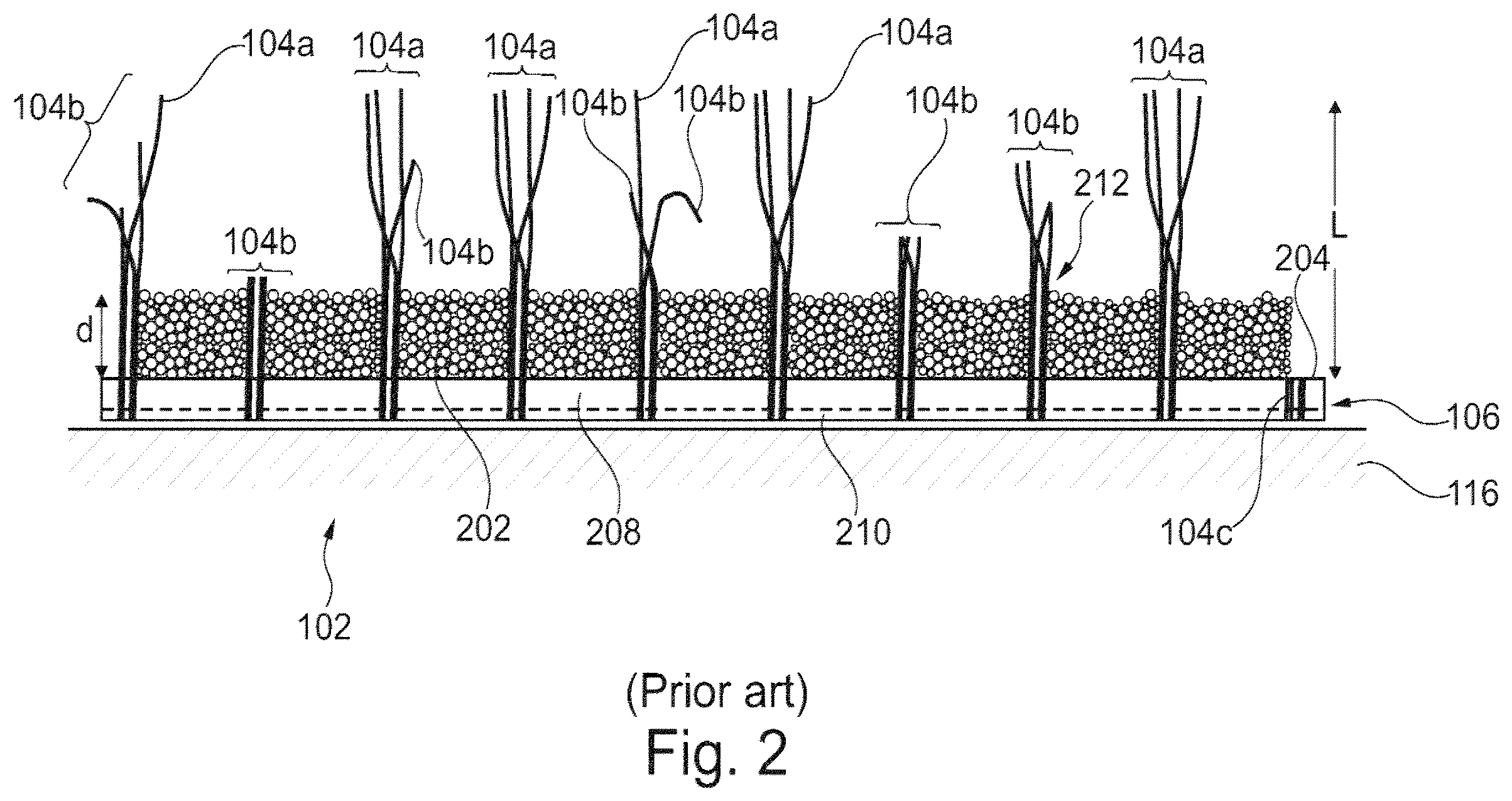 Patent US12359379 Figure 2 – Artificial turf system including a geogrid and an existing turf