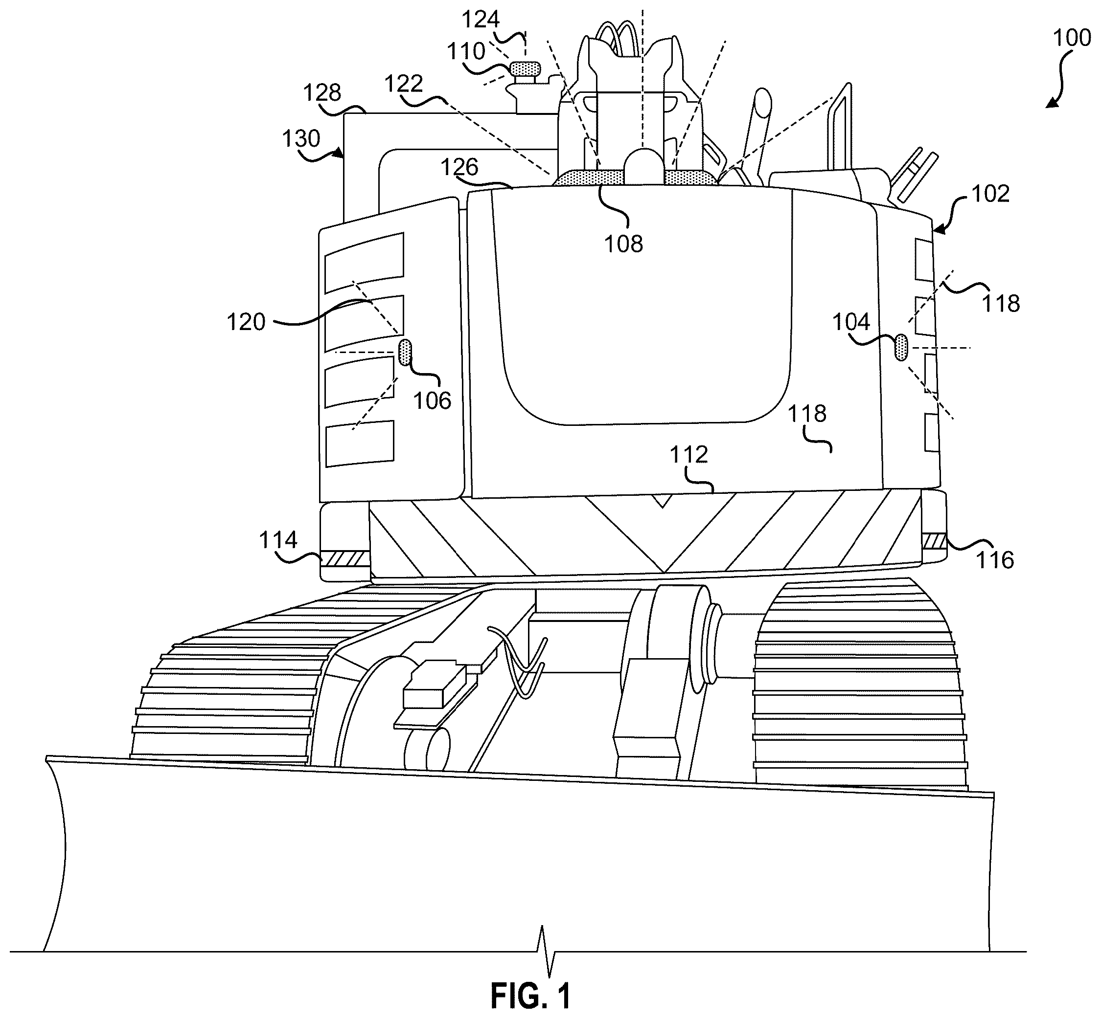 Patent US12359403 Figure 1 – Systems, methods, and controllers to enhance heavy equipment warning