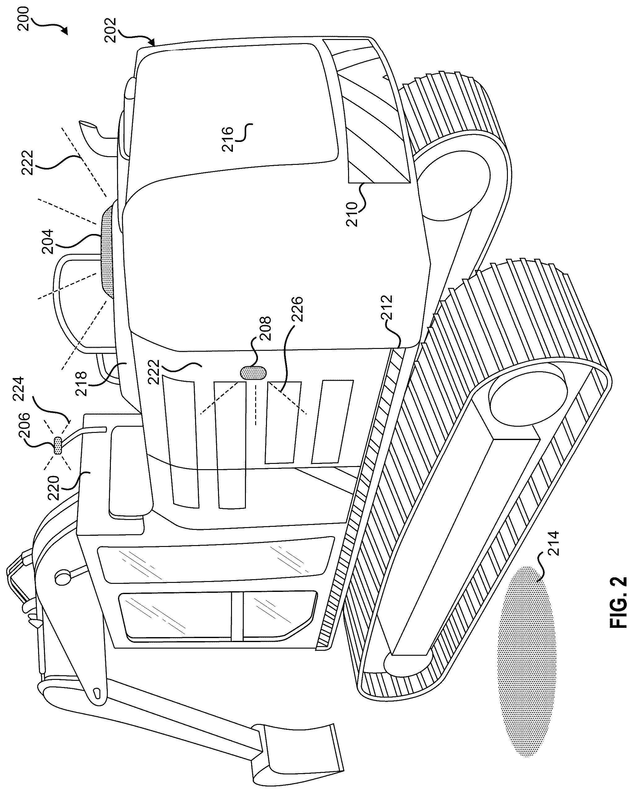 Patent US12359403 Figure 2 – Systems, methods, and controllers to enhance heavy equipment warning