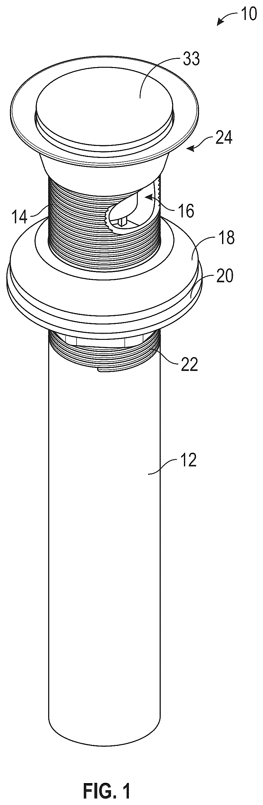 Patent US12359412 Figure 1 – Clicker drain assembly and method of assembling same