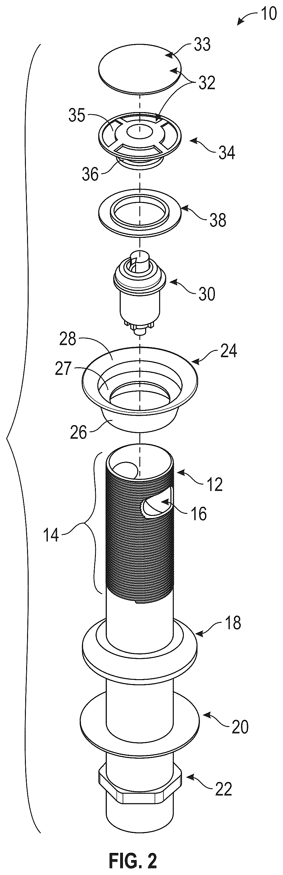 Patent US12359412 Figure 2 – Clicker drain assembly and method of assembling same