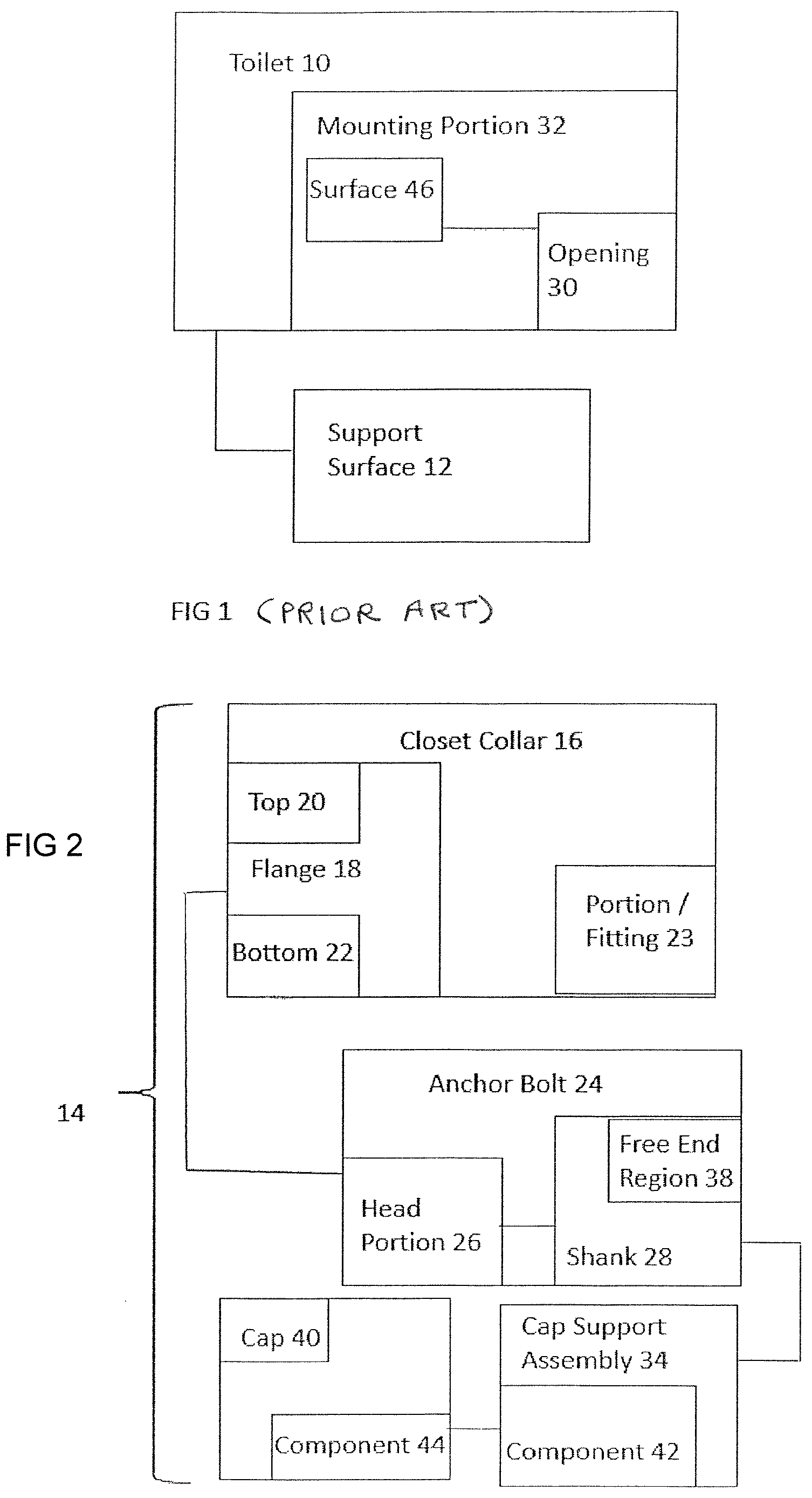 Patent US12359417 Figure 1 – Anchor bolt system for toilet and method of mounting a toilet using the system