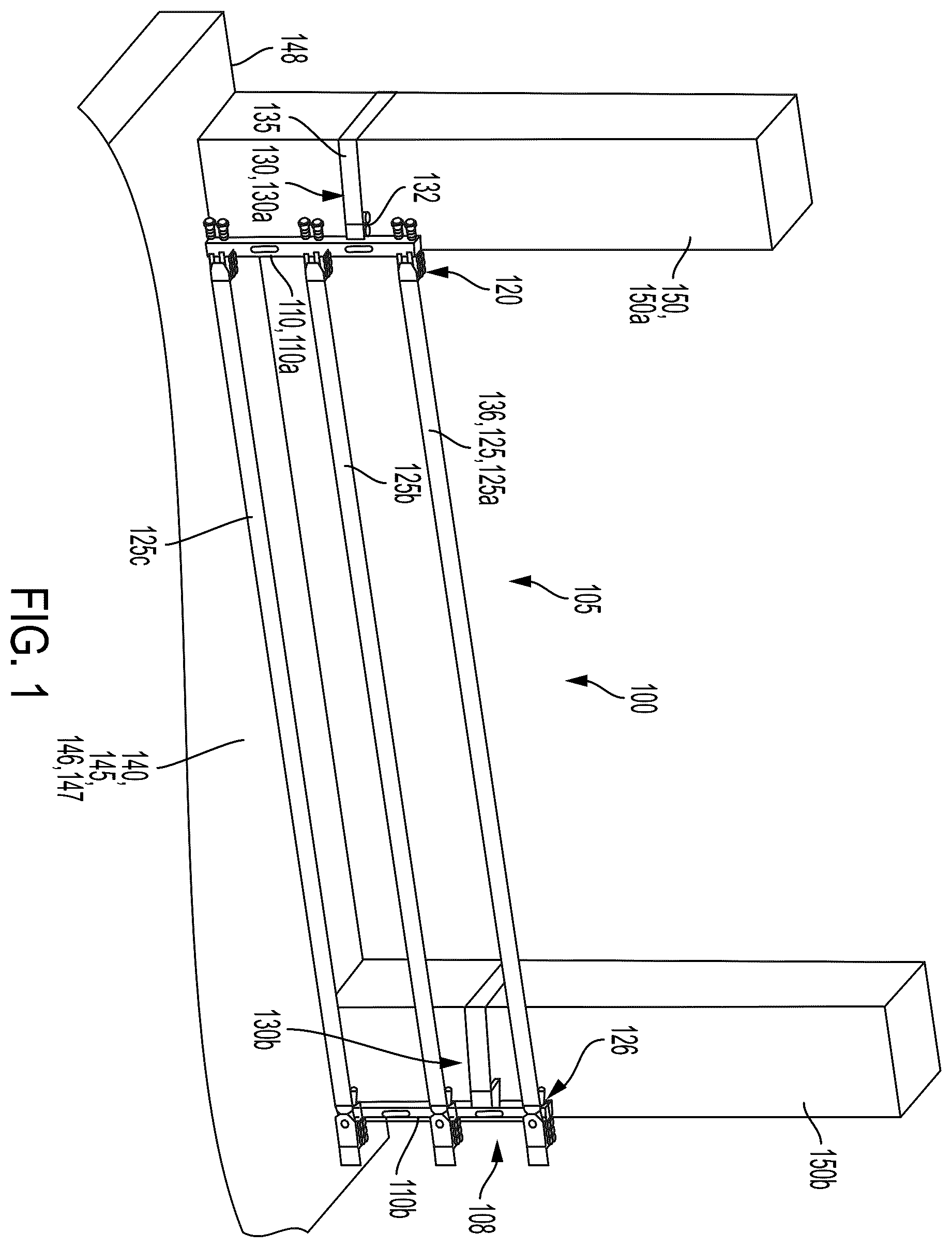 Patent US12359452 Figure 1 – Fall protection system and guardrail post assembly therefor