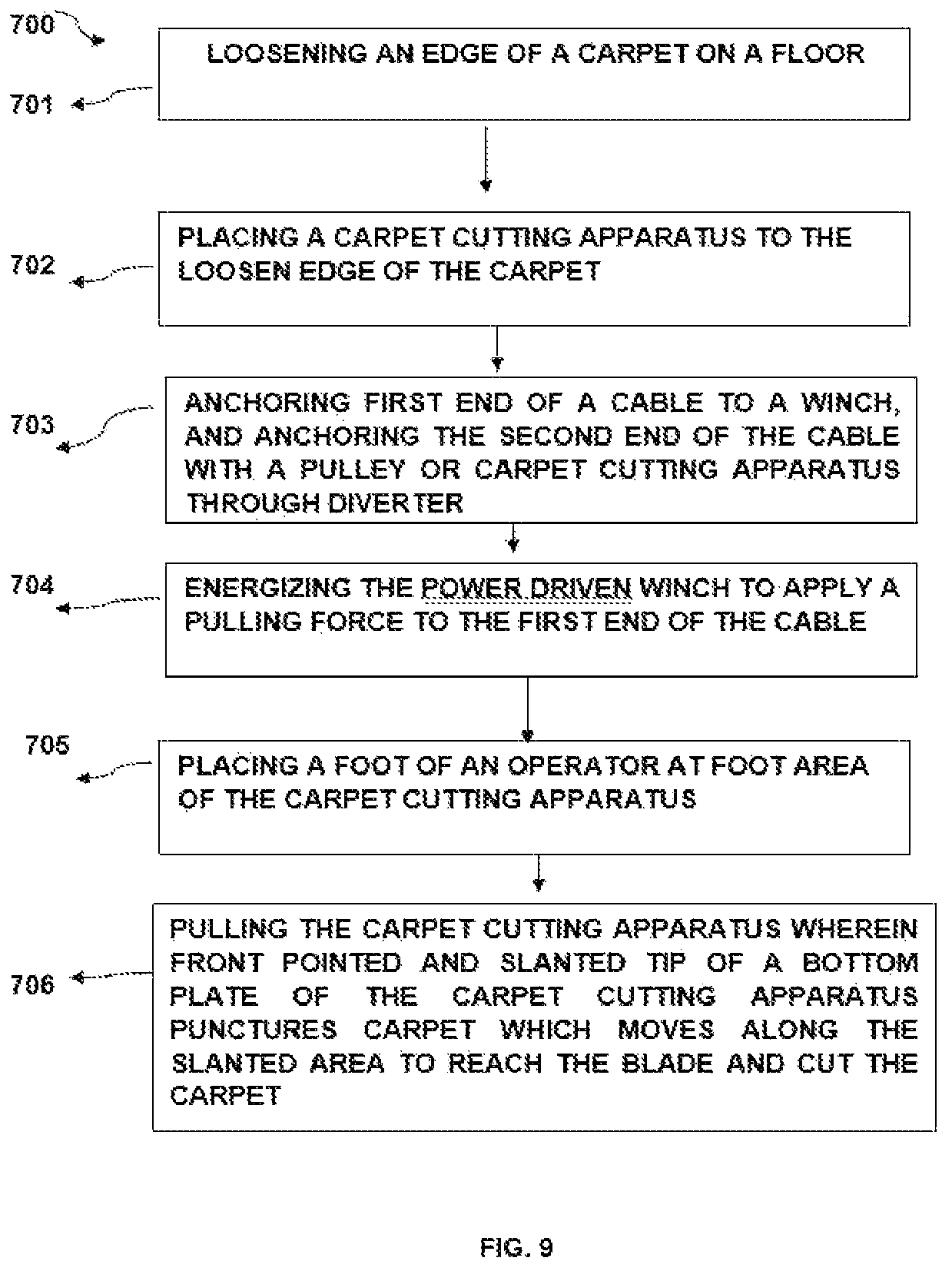 Patent US12359453 Figure 9 – Carpet cutting apparatus and a method and system for removing carpet bonded to a floor