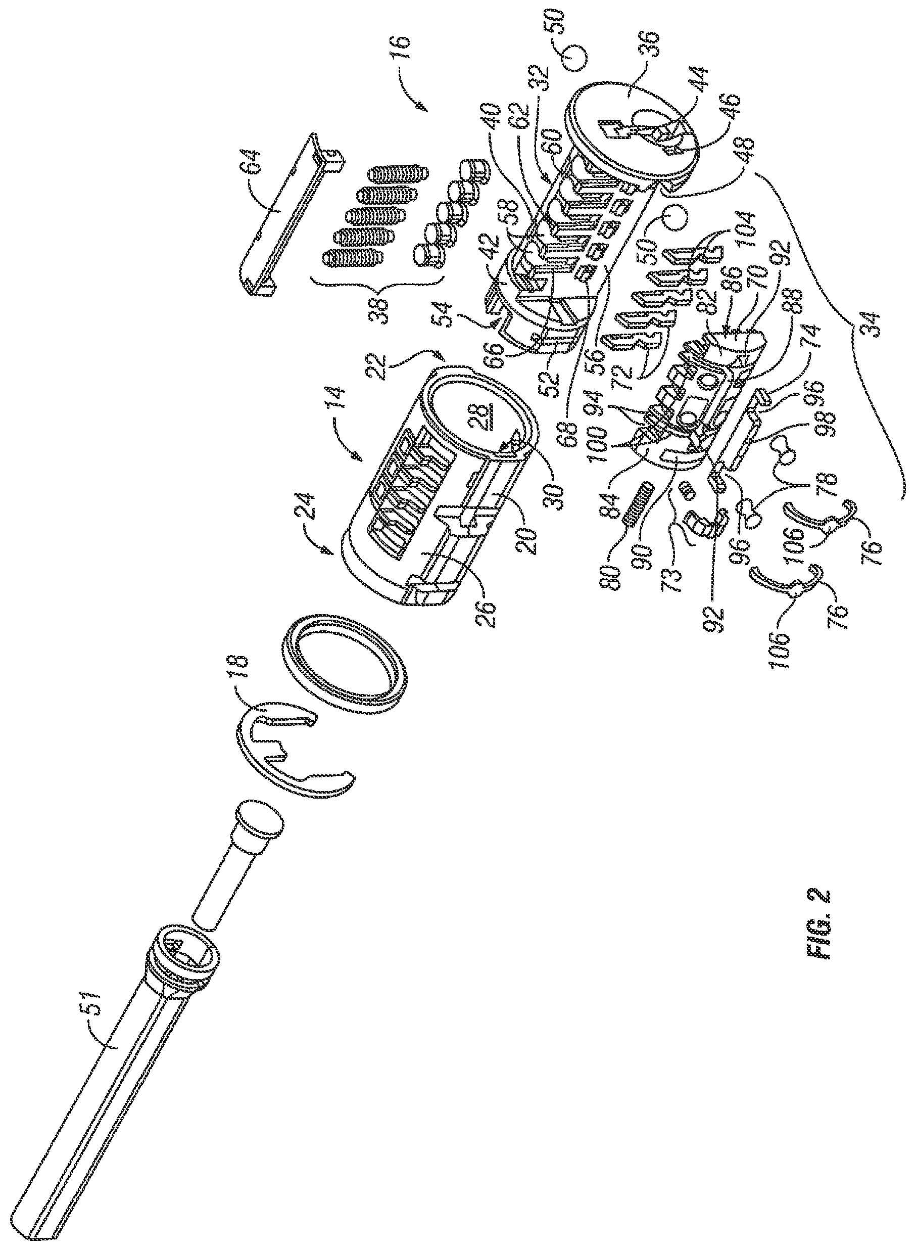Patent US12359463 Figure 2 – Rekeyable lock cylinder with enhanced torque resistance