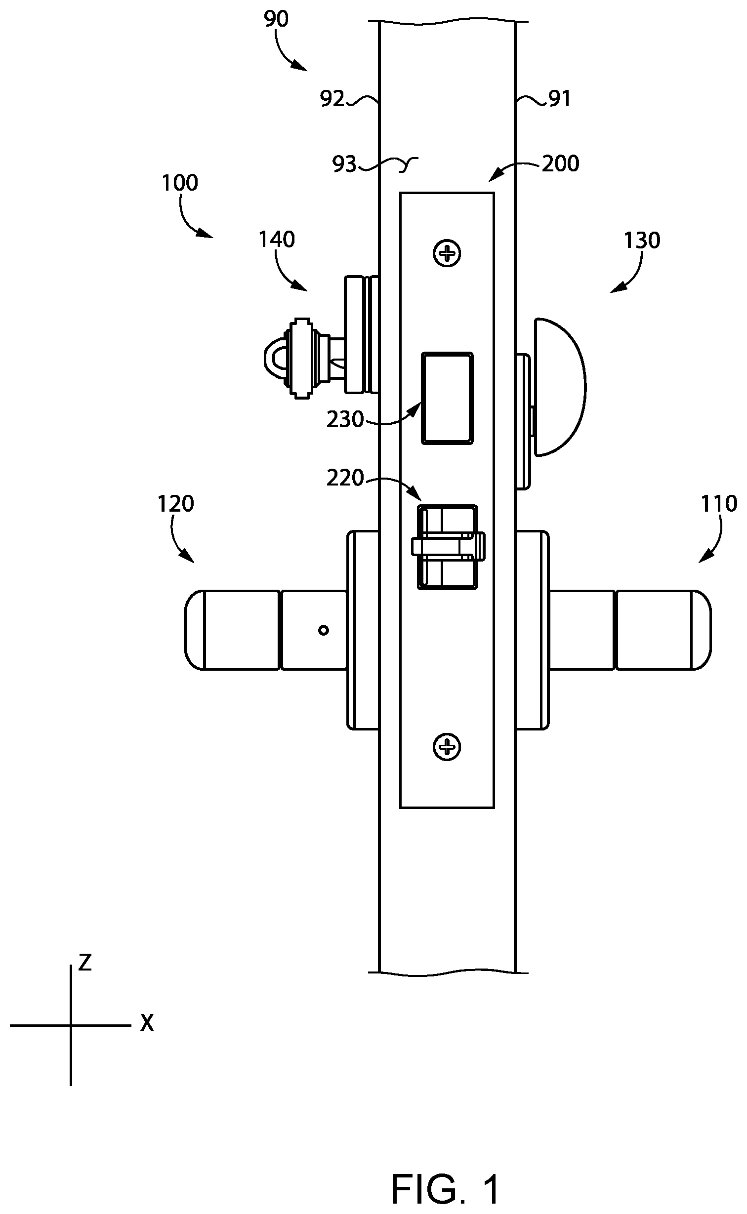 Patent US12359469 Figure 1 – Anti-barricade assembly