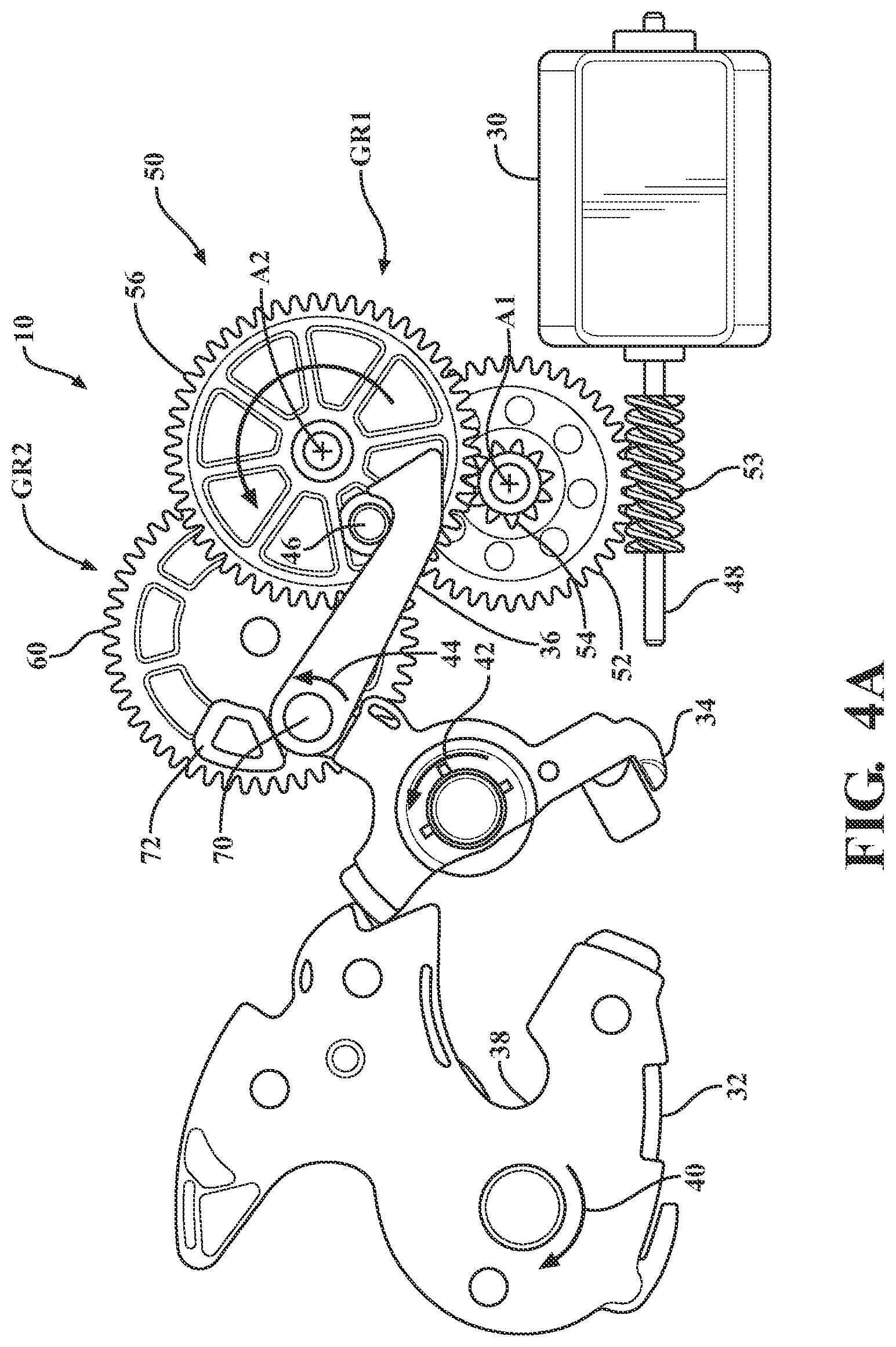 Patent US12359476 Figure 4 – Closure latch assembly with power latch release mechanism having dual drive power release actuator and multi-stage gearset
