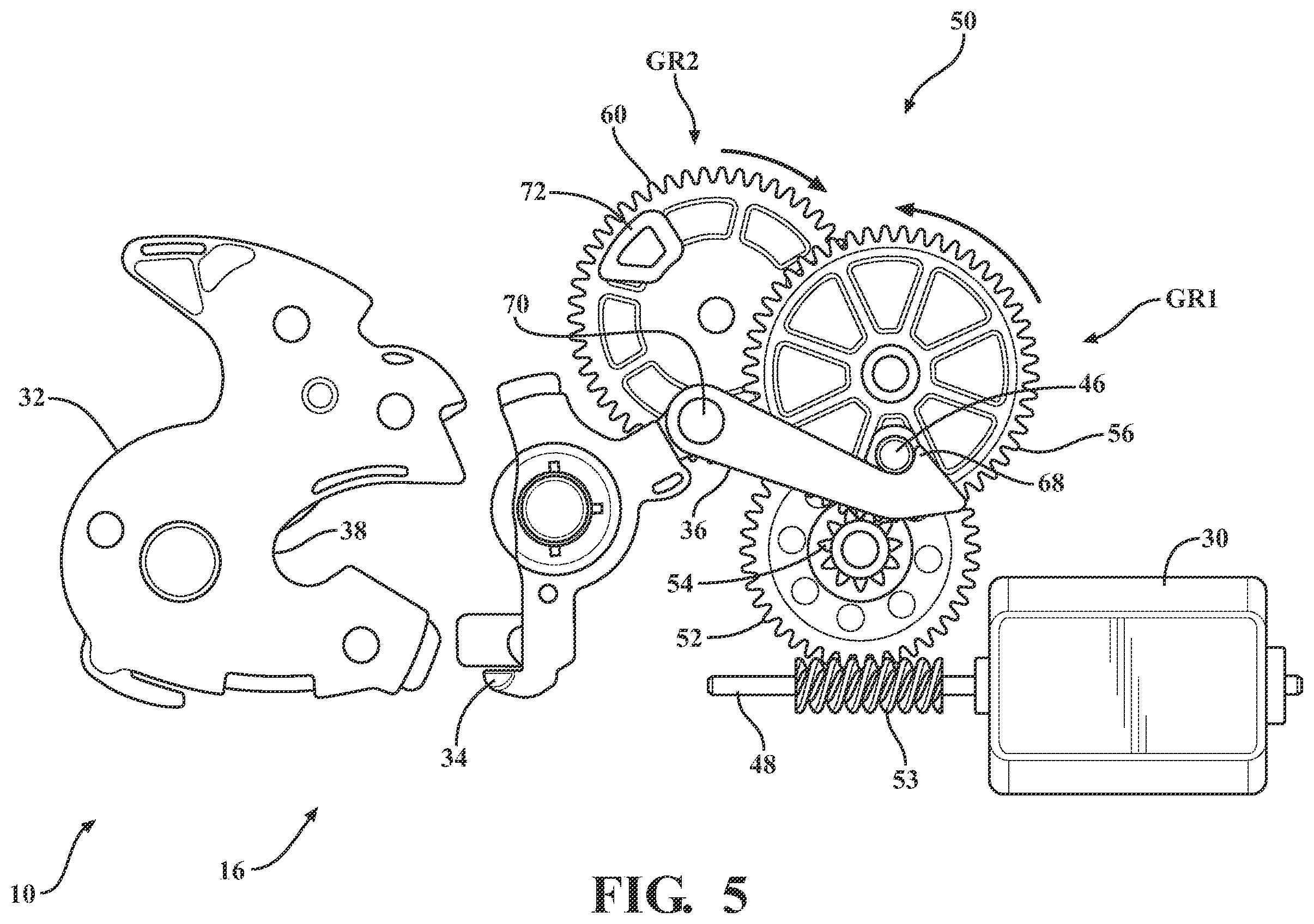 Patent US12359476 Figure 6 – Closure latch assembly with power latch release mechanism having dual drive power release actuator and multi-stage gearset
