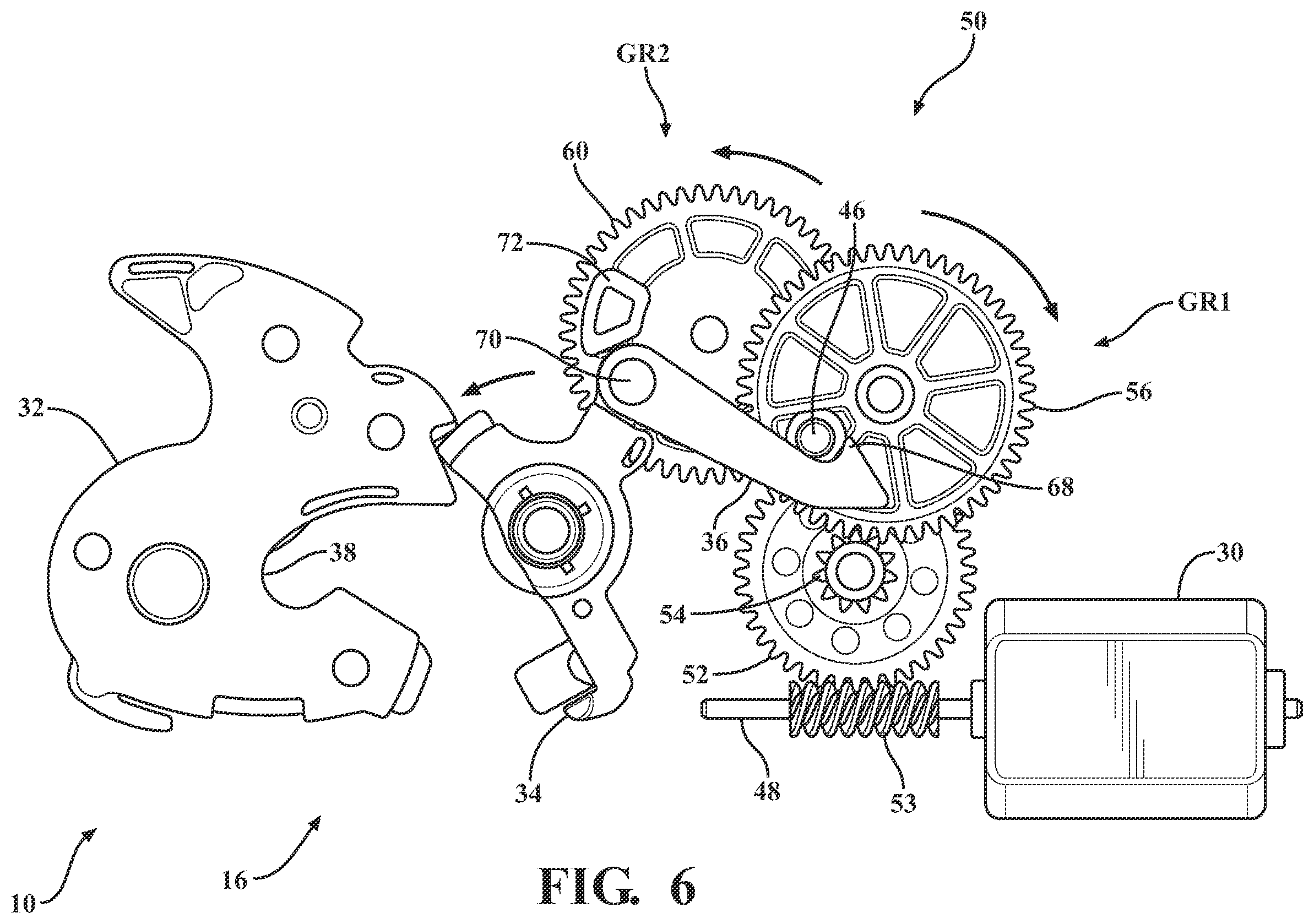 Patent US12359476 Figure 7 – Closure latch assembly with power latch release mechanism having dual drive power release actuator and multi-stage gearset