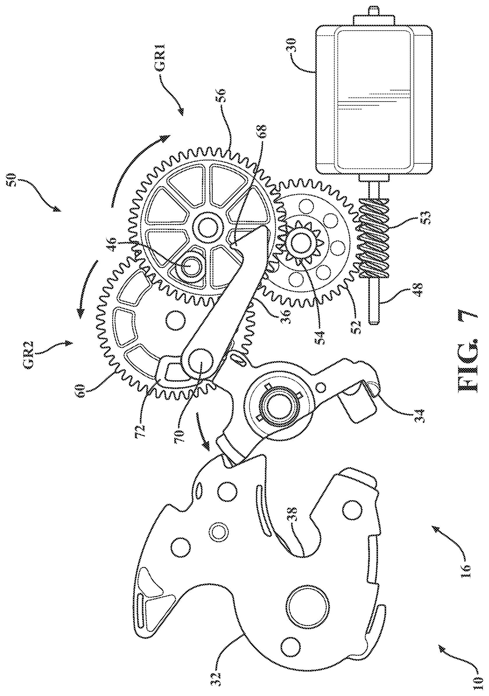 Patent US12359476 Figure 8 – Closure latch assembly with power latch release mechanism having dual drive power release actuator and multi-stage gearset