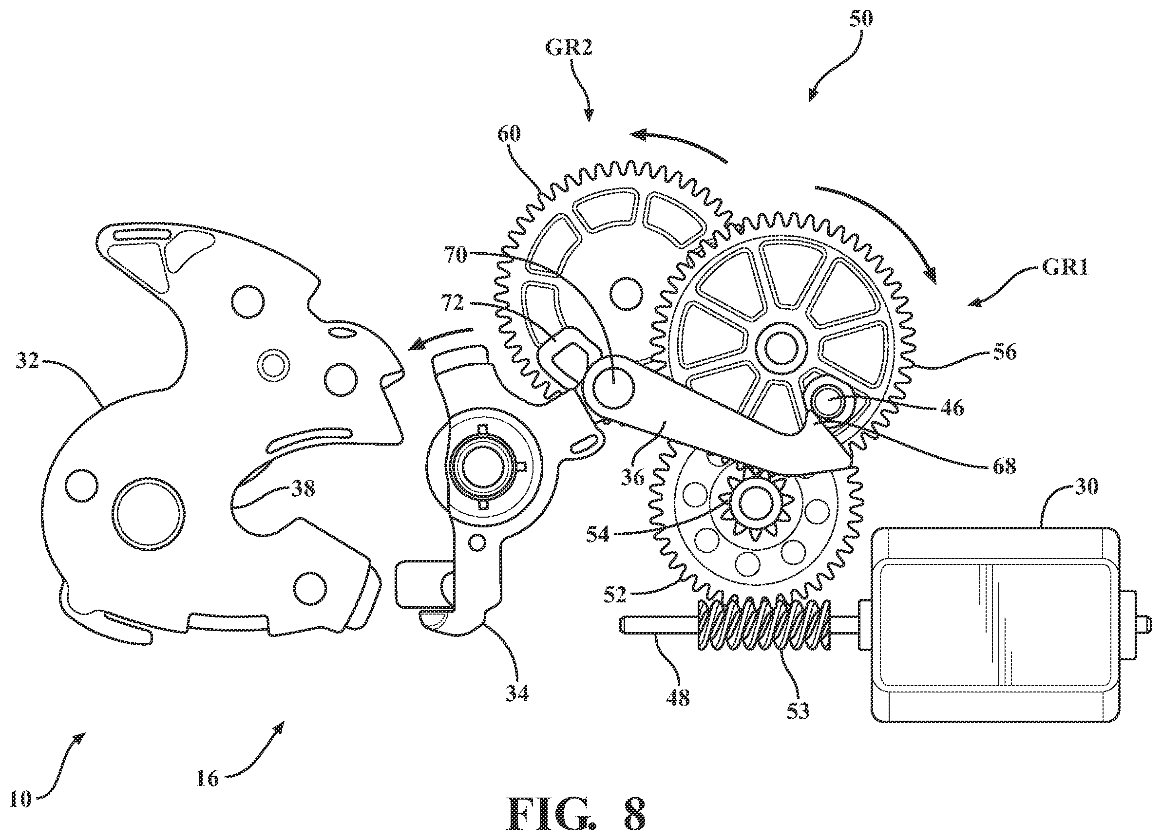 Patent US12359476 Figure 10 – Closure latch assembly with power latch release mechanism having dual drive power release actuator and multi-stage gearset