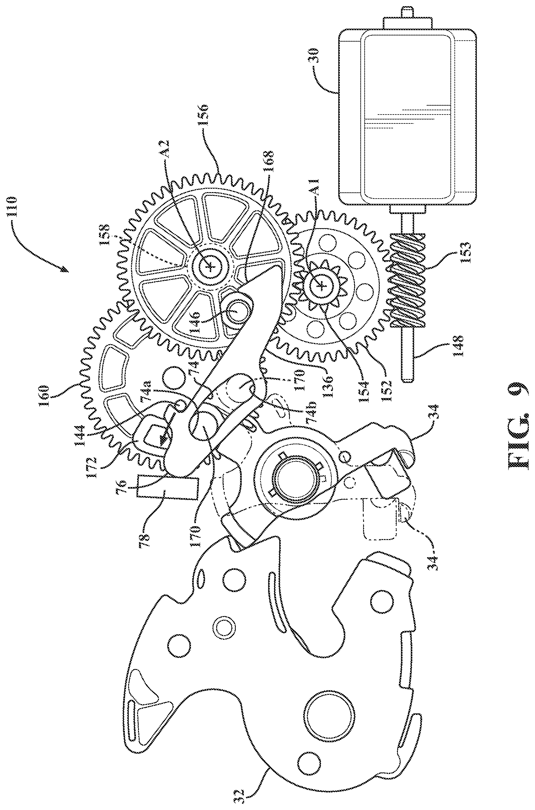 Patent US12359476 Figure 11 – Closure latch assembly with power latch release mechanism having dual drive power release actuator and multi-stage gearset