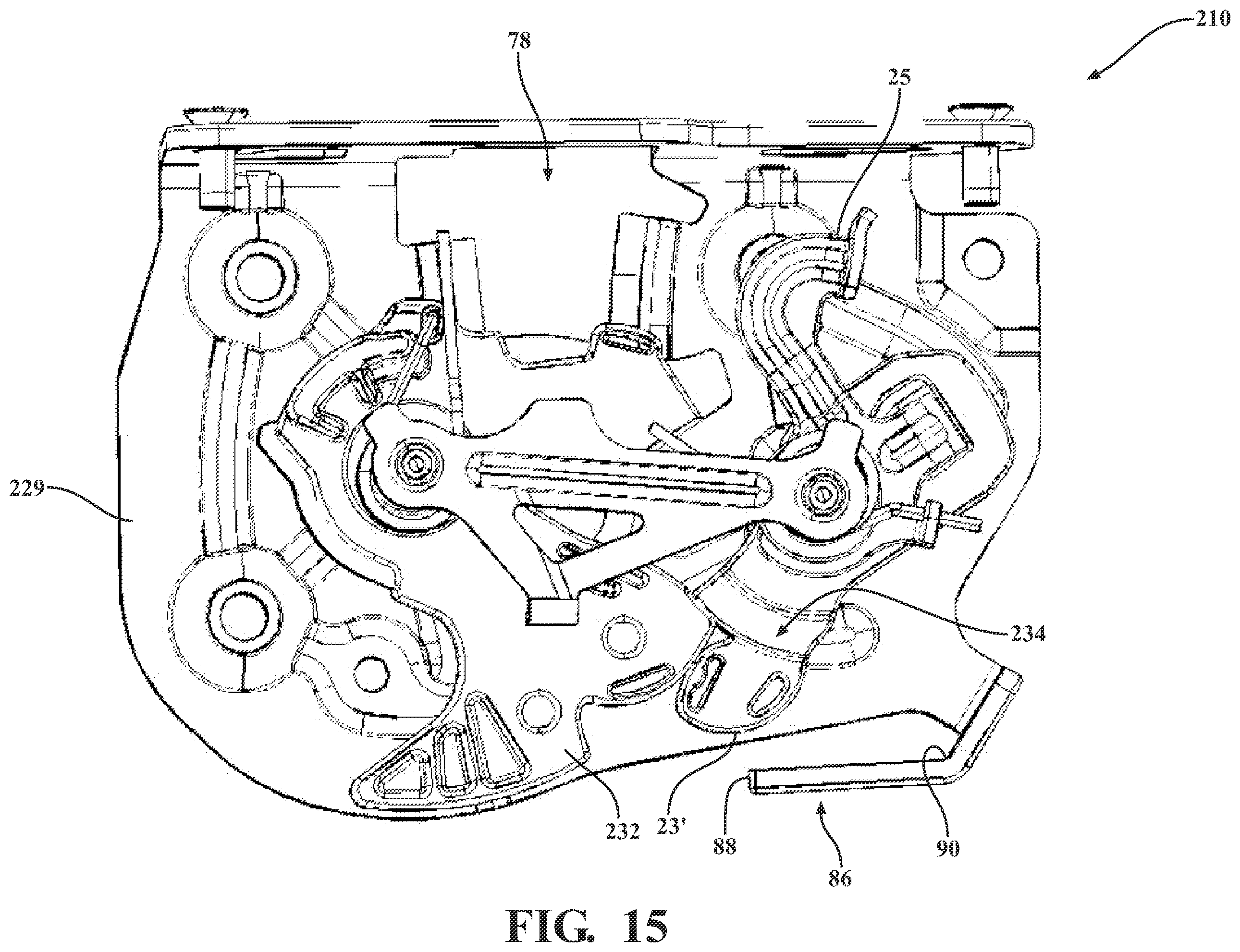 Patent US12359476 Figure 16 – Closure latch assembly with power latch release mechanism having dual drive power release actuator and multi-stage gearset