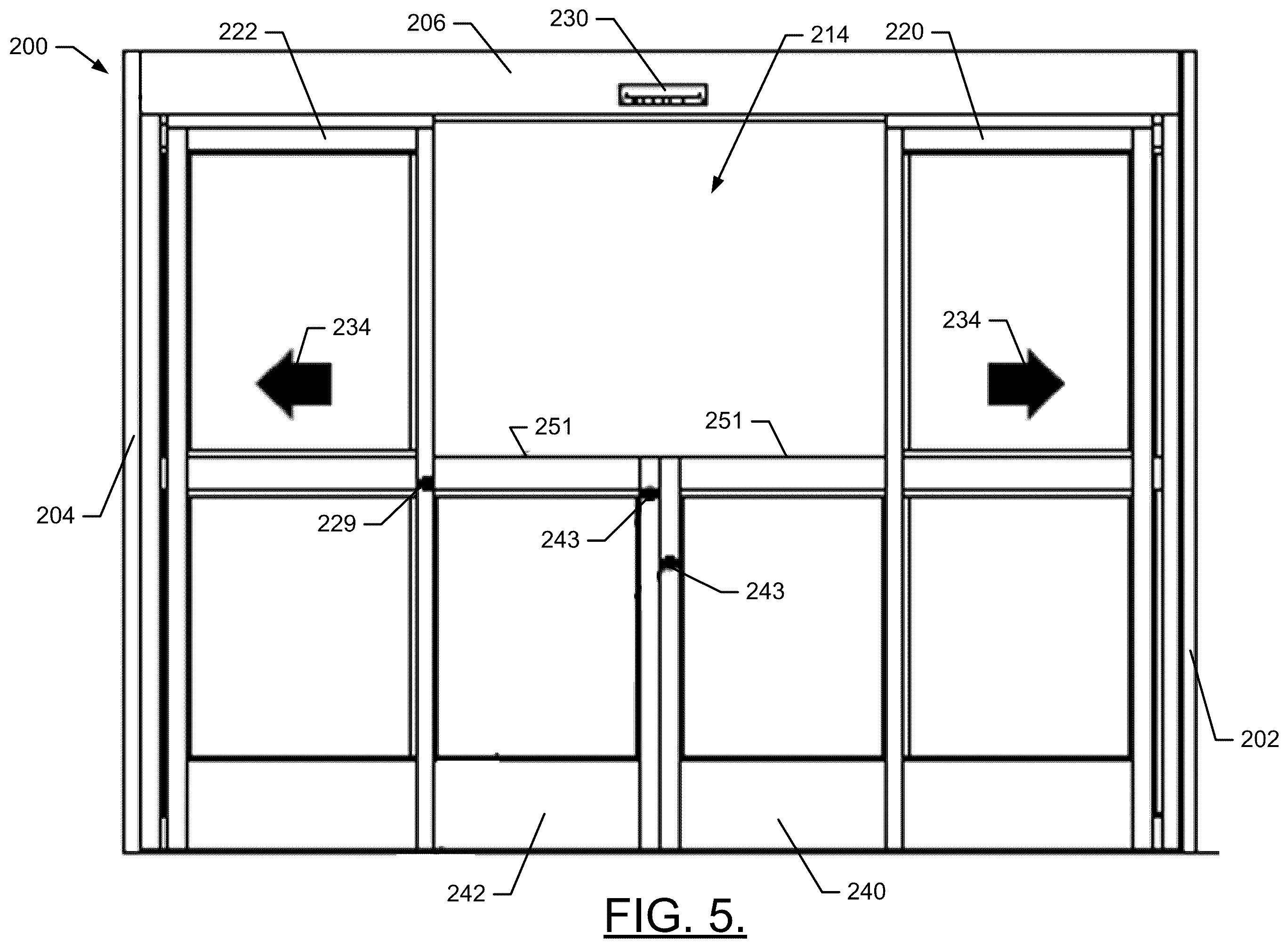 Patent US12359494 Figure 5 – Automatic door with a hinged swinging partial door