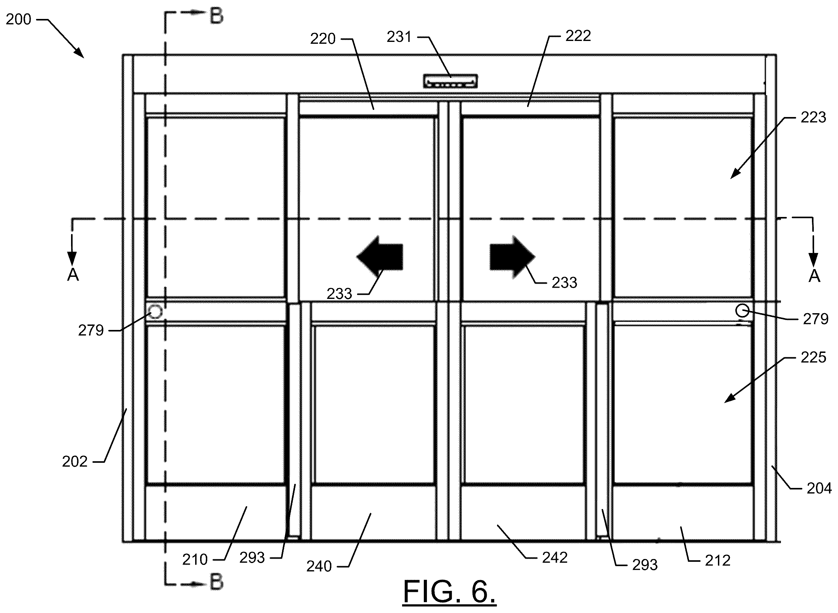 Patent US12359494 Figure 6 – Automatic door with a hinged swinging partial door