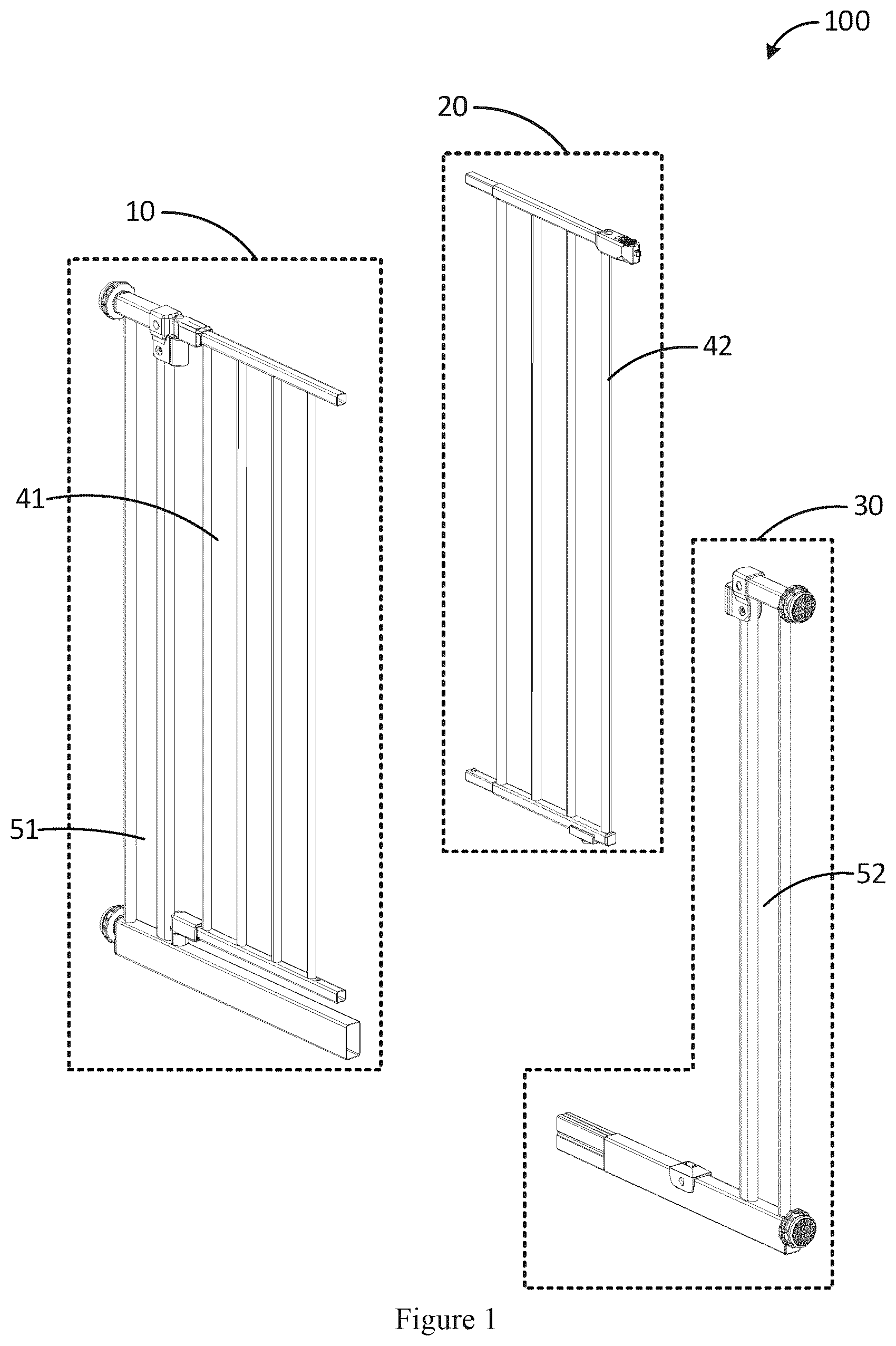 Patent US12359497 Figure 1 – Barrier system with independent fence and gate modules