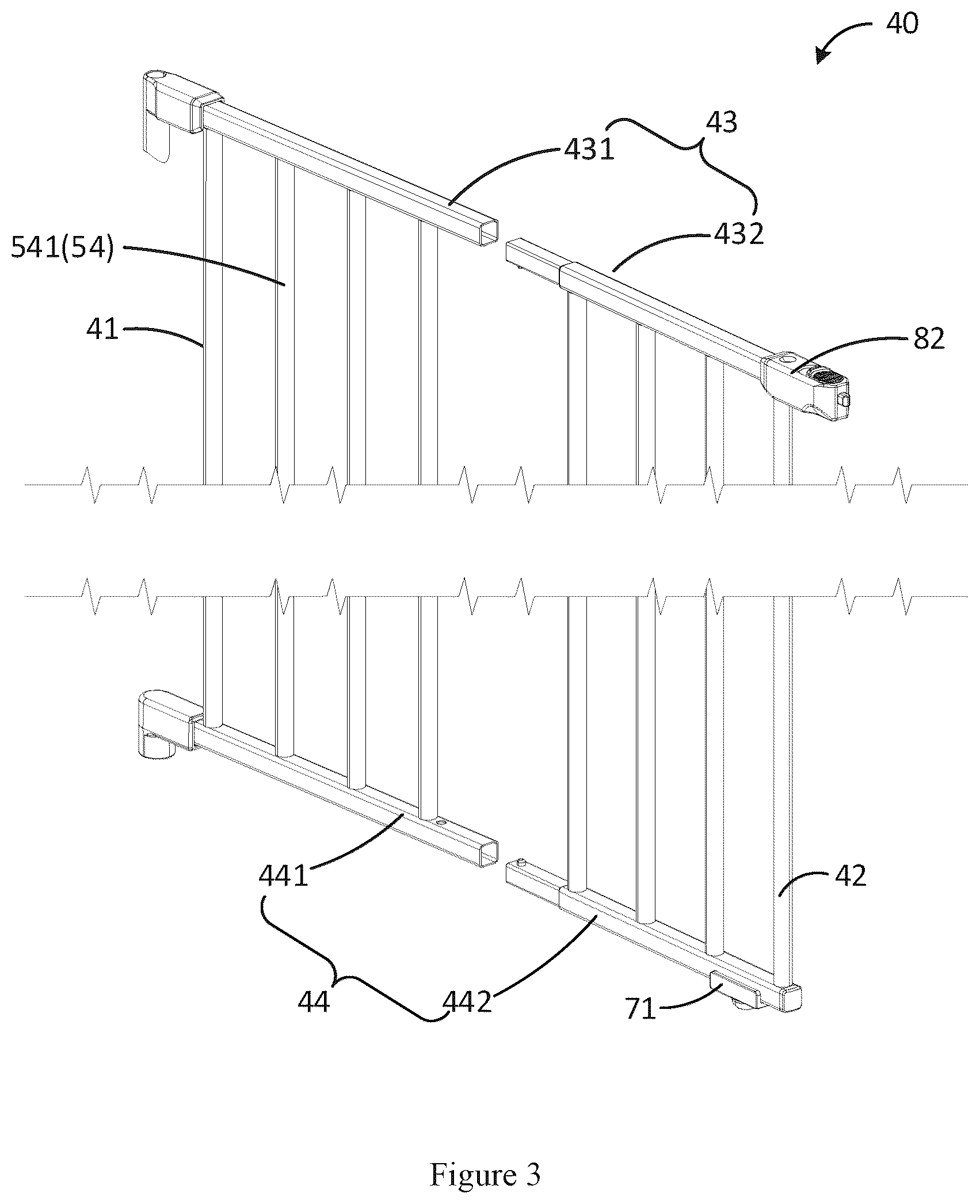 Patent US12359497 Figure 3 – Barrier system with independent fence and gate modules