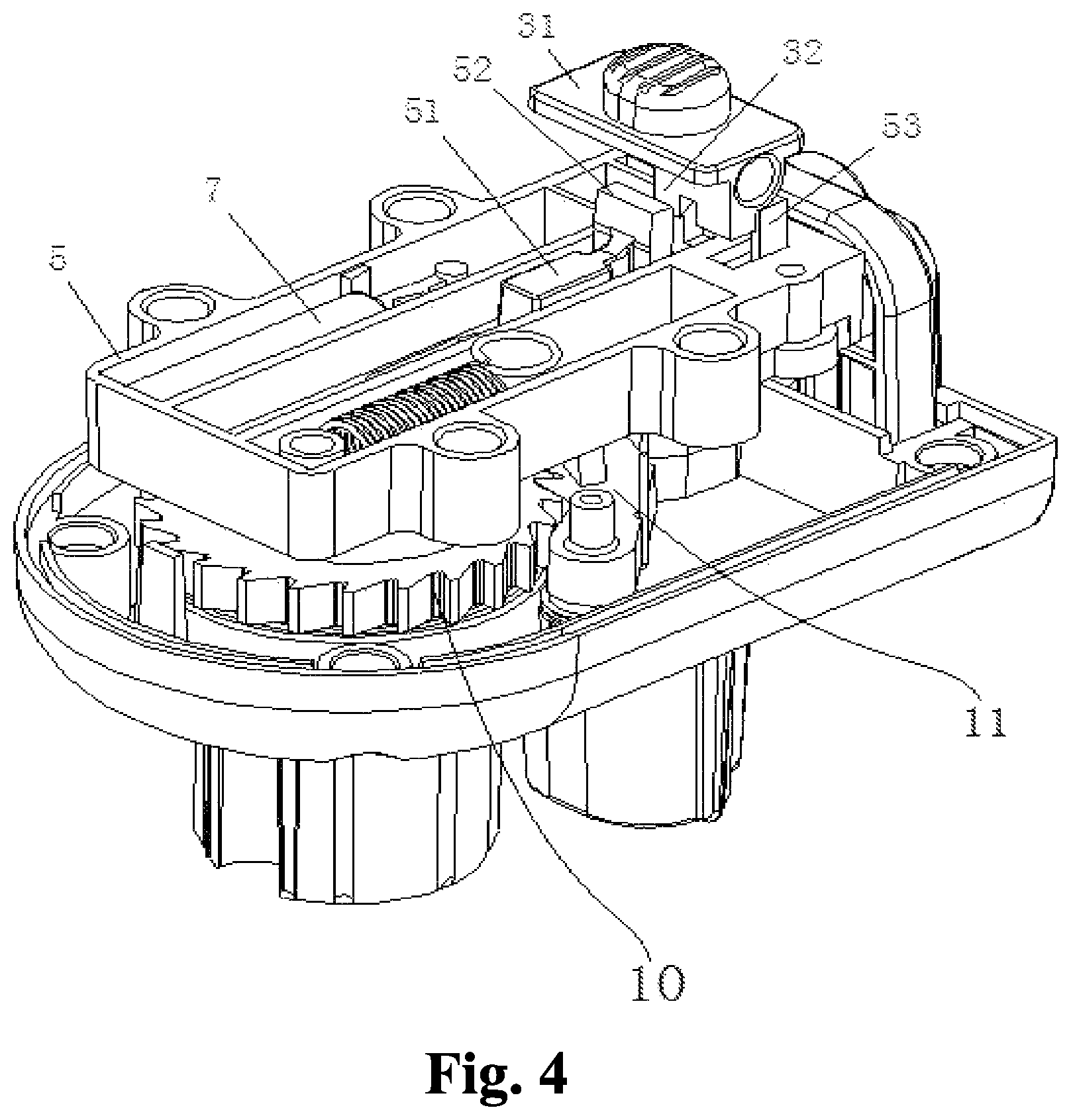 Patent US12359505 Figure 4 – Locking head apparatus of dual automatic locking protective door bar