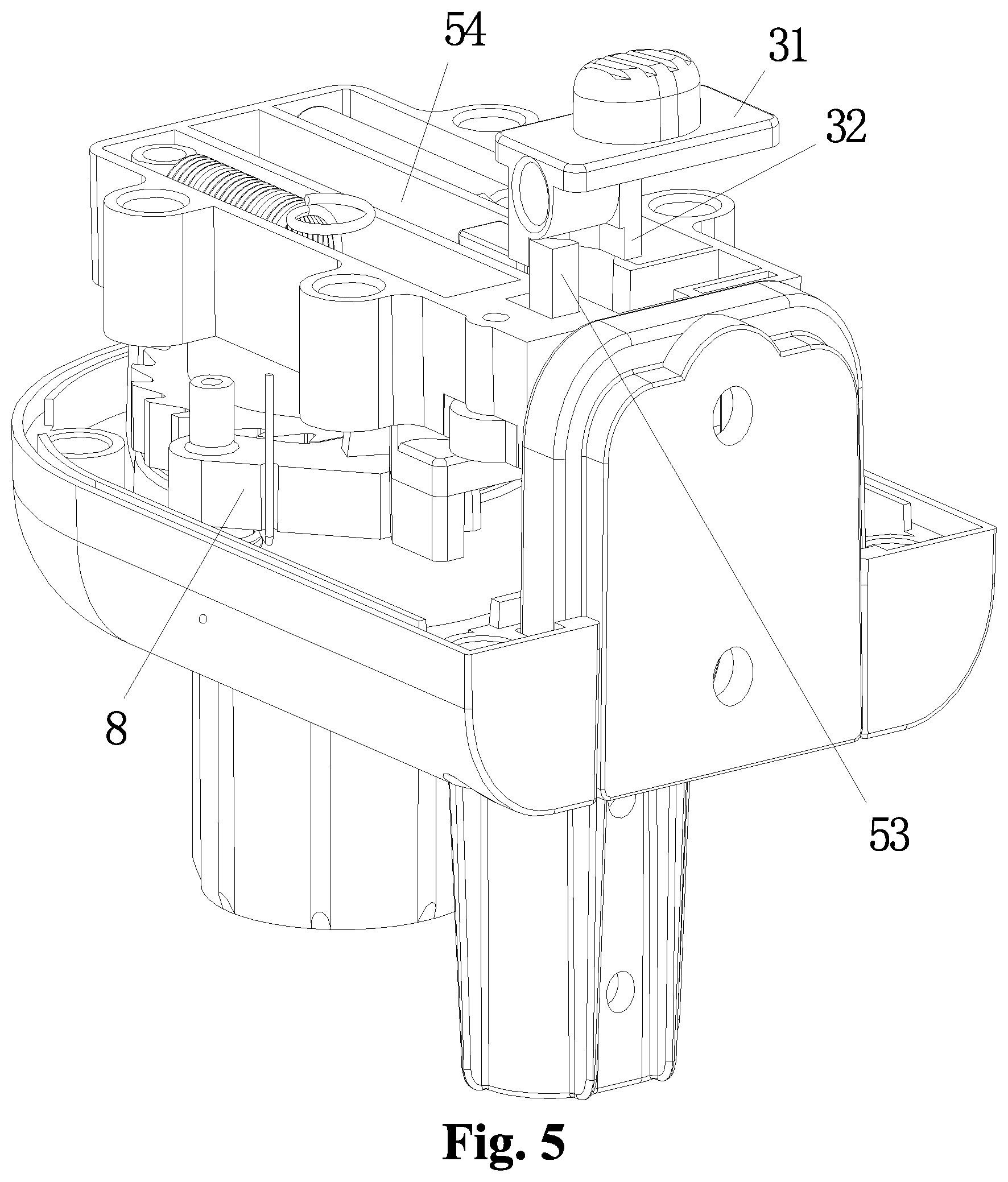 Patent US12359505 Figure 5 – Locking head apparatus of dual automatic locking protective door bar