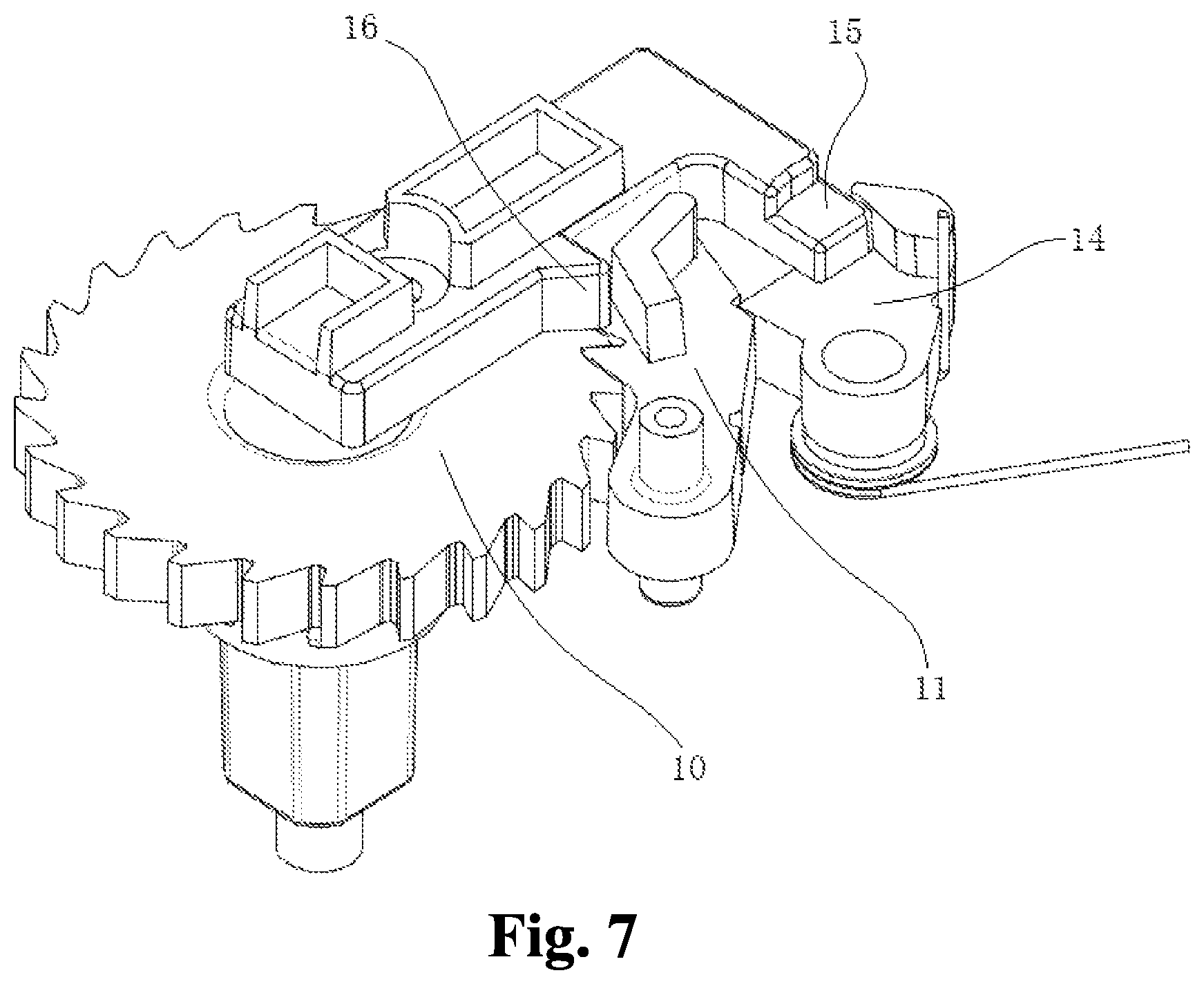 Patent US12359505 Figure 7 – Locking head apparatus of dual automatic locking protective door bar