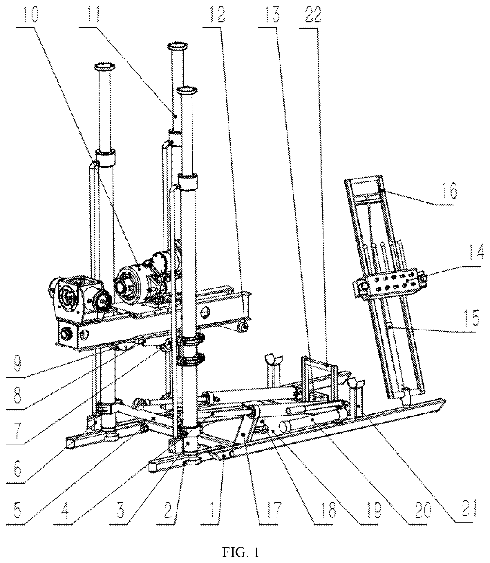 Patent US12359513 Figure 1 – Hydraulic collapsible rotary stand for wireline coring underground drill rig