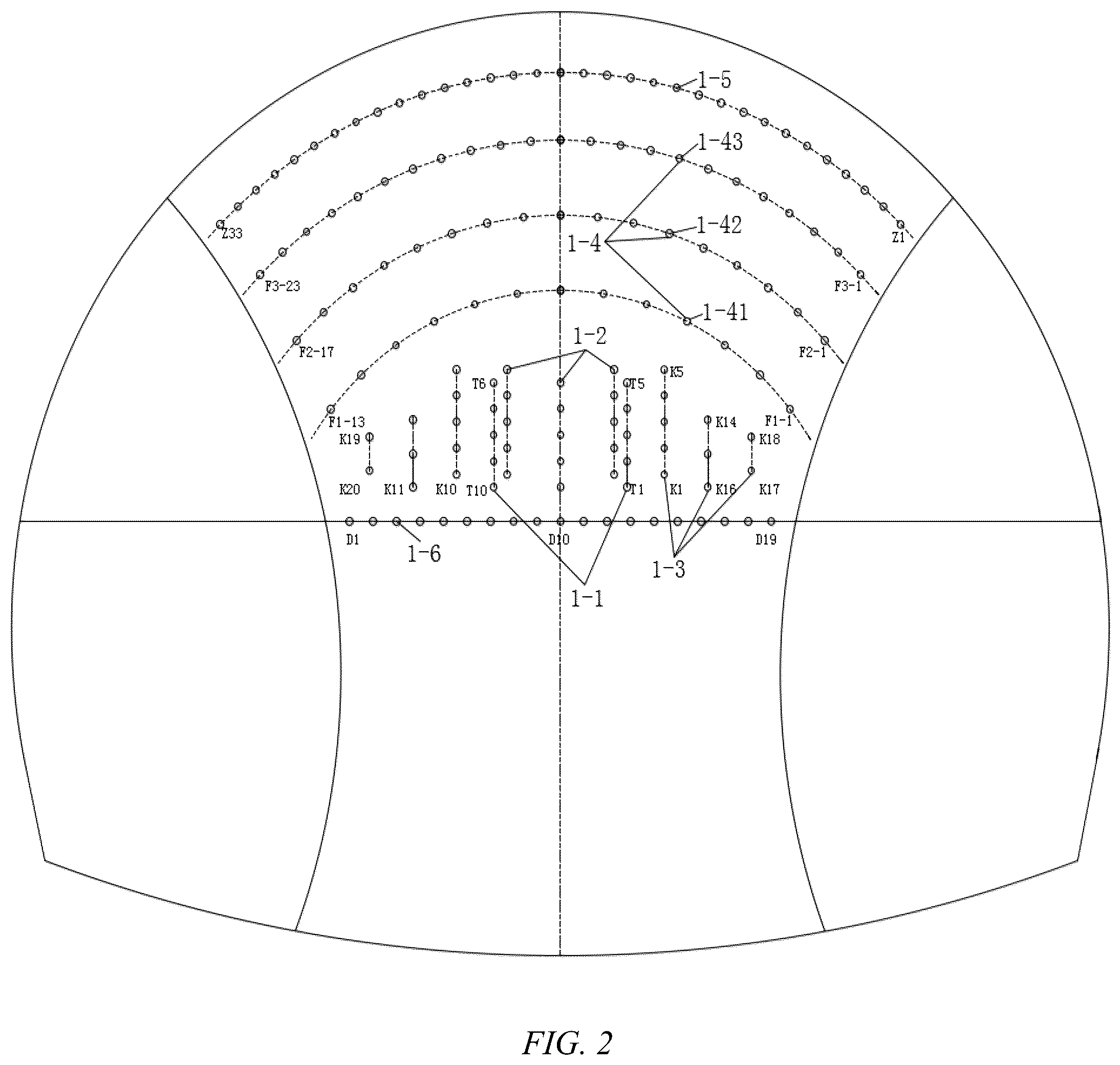 Patent US12359567 Figure 2 – Blast hole arrangement structure used for blasting for rheological soft-weak surrounding rock tunnel and construction method for rheological soft-weak surrounding rock tunnel