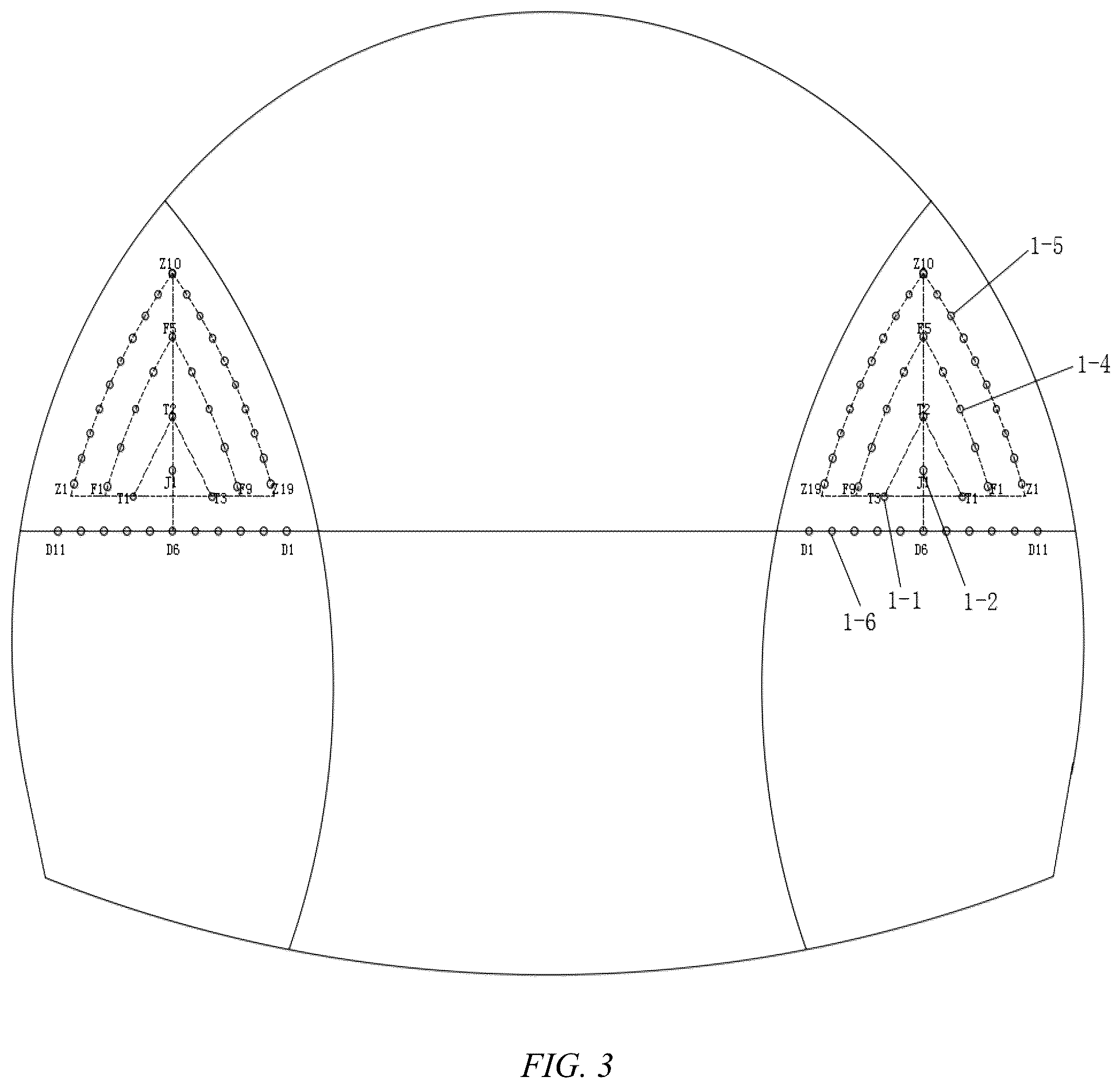 Patent US12359567 Figure 3 – Blast hole arrangement structure used for blasting for rheological soft-weak surrounding rock tunnel and construction method for rheological soft-weak surrounding rock tunnel