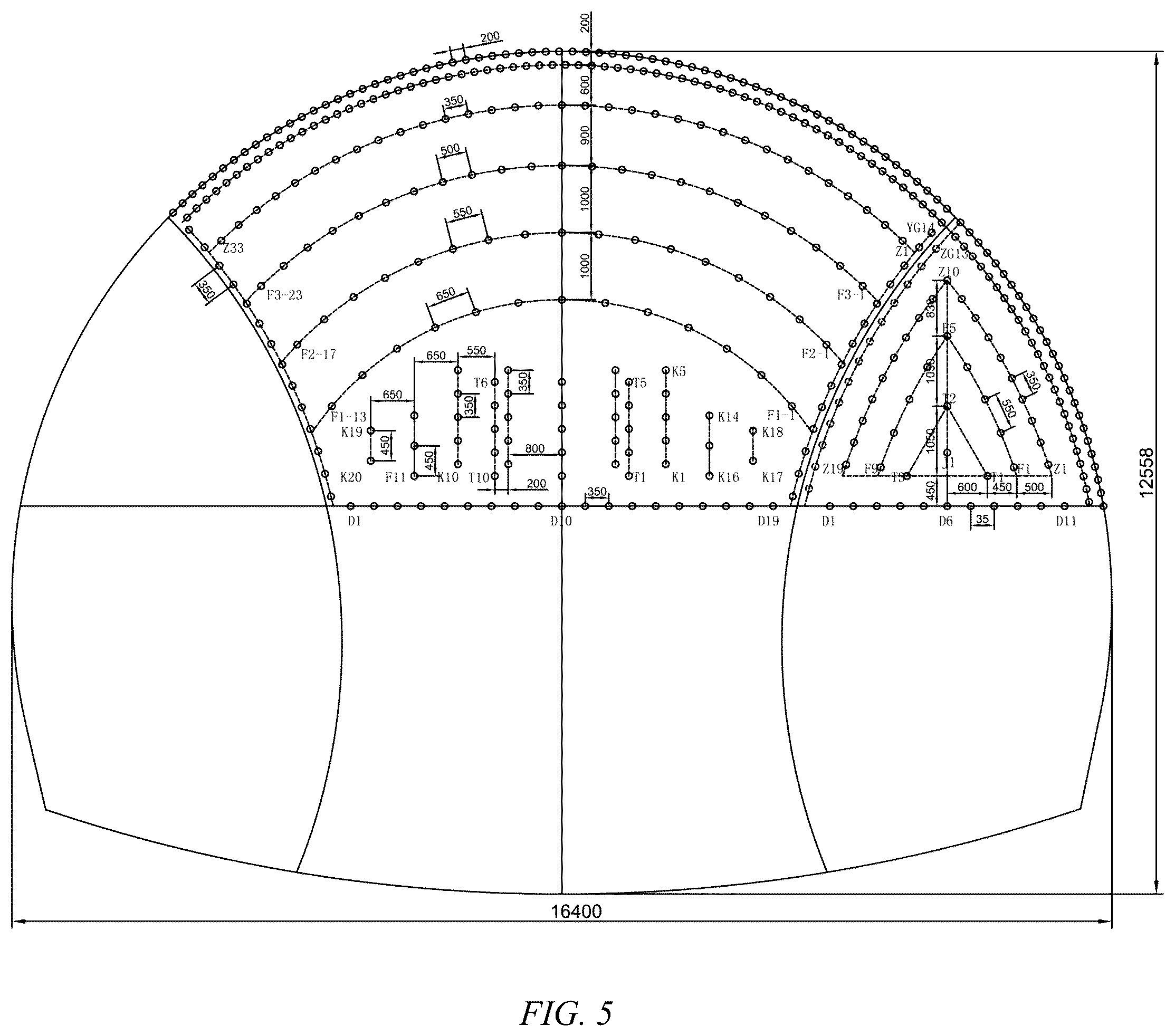 Patent US12359567 Figure 5 – Blast hole arrangement structure used for blasting for rheological soft-weak surrounding rock tunnel and construction method for rheological soft-weak surrounding rock tunnel