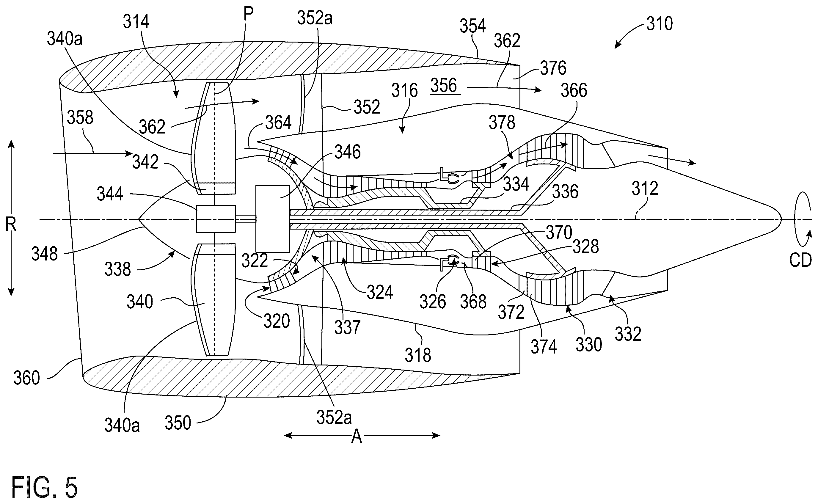 Patent US12359572 Figure 5 – Turbine engine with composite airfoils