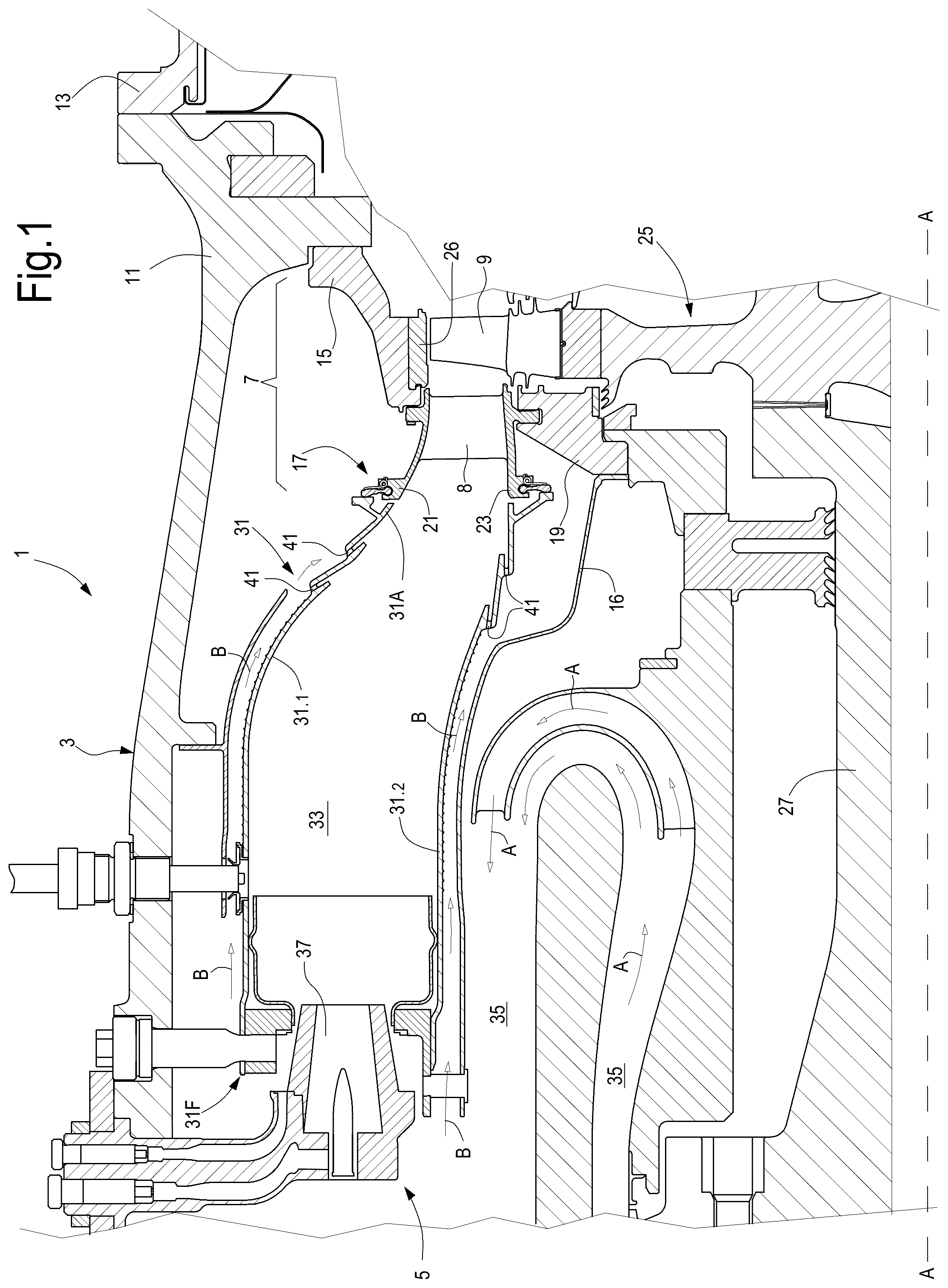 Patent US12359577 Figure 1 – Turbomachine sealing system and turbomachine including the sealing system