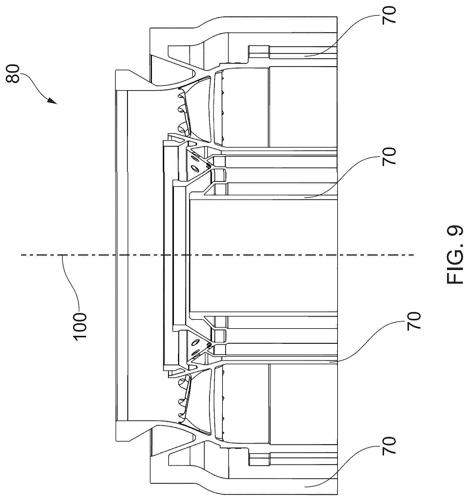 Patent US12359578 Figure 9 – Single-piece annular vane array for a gas turbine engine