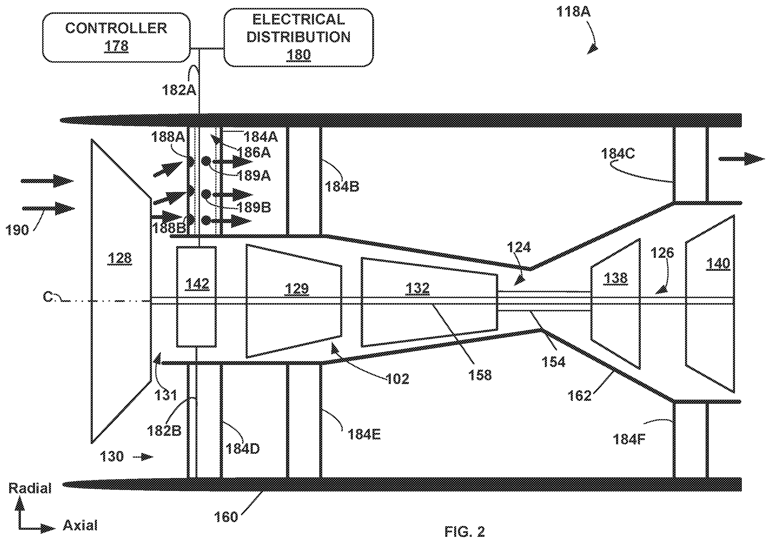 Patent US12359587 Figure 2 – Gas turbine engine power cable cooling