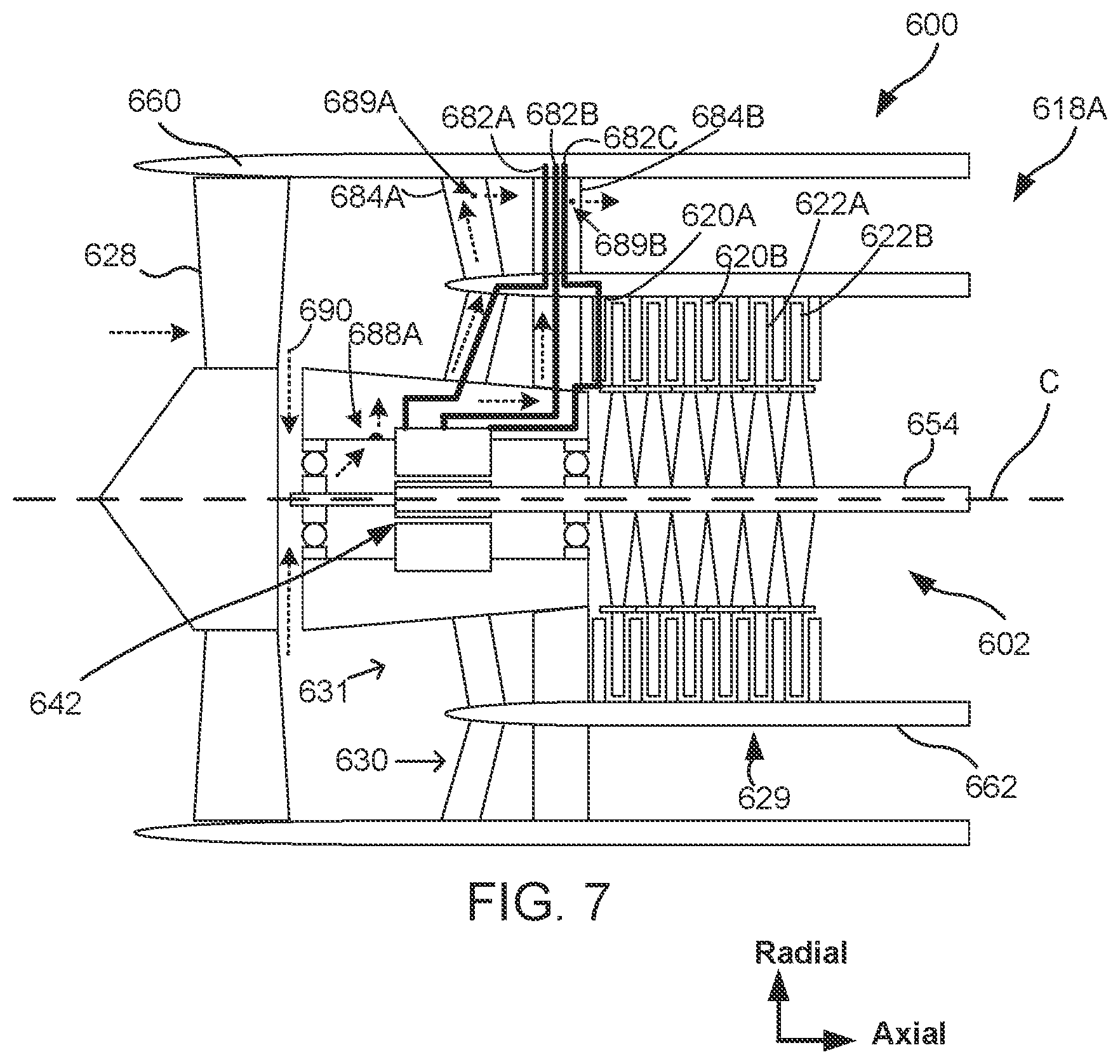 Patent US12359587 Figure 10 – Gas turbine engine power cable cooling