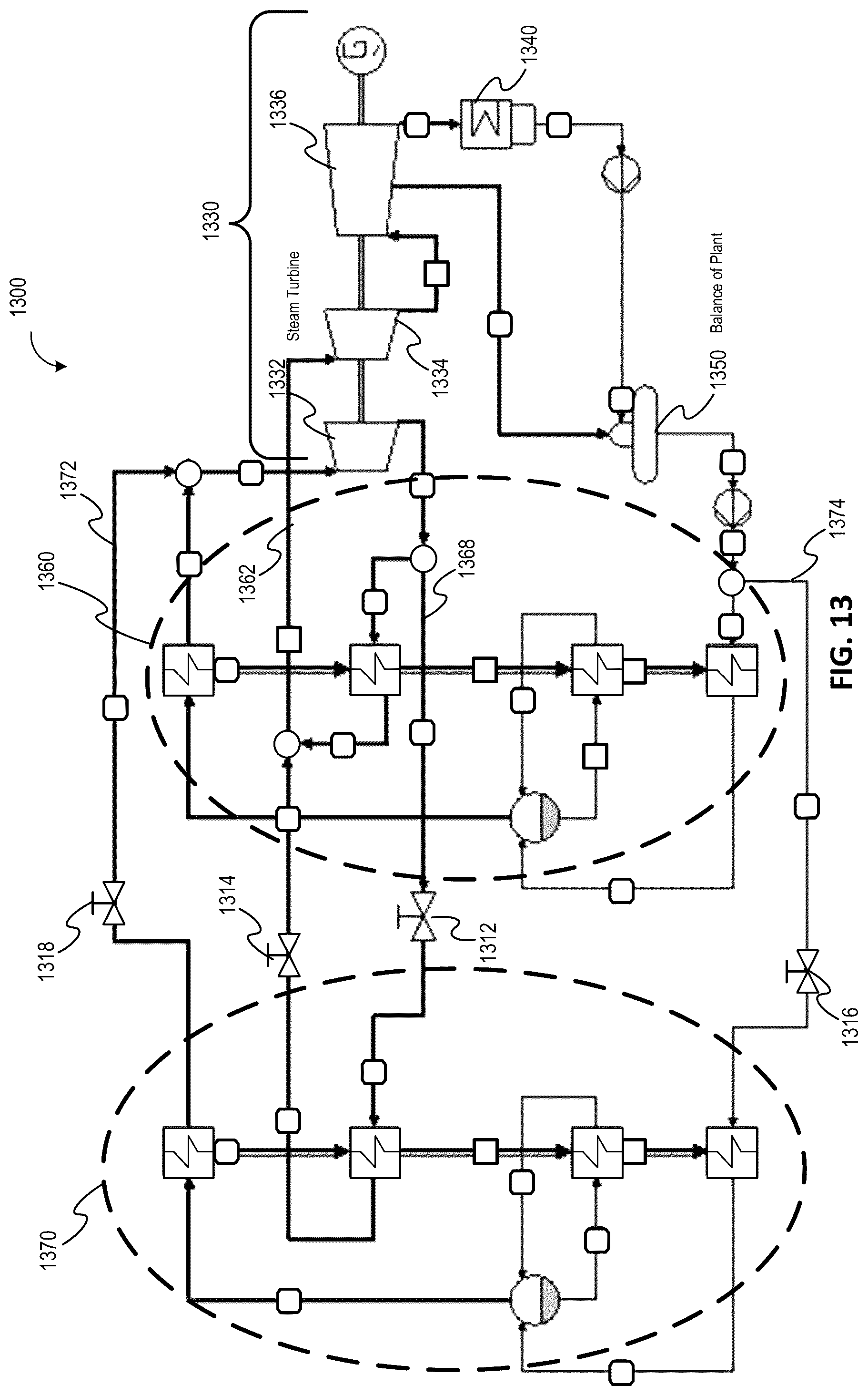Patent US12359591 Figure 13 – Thermal energy storage systems for repowering existing power plants for improving efficiency and safety